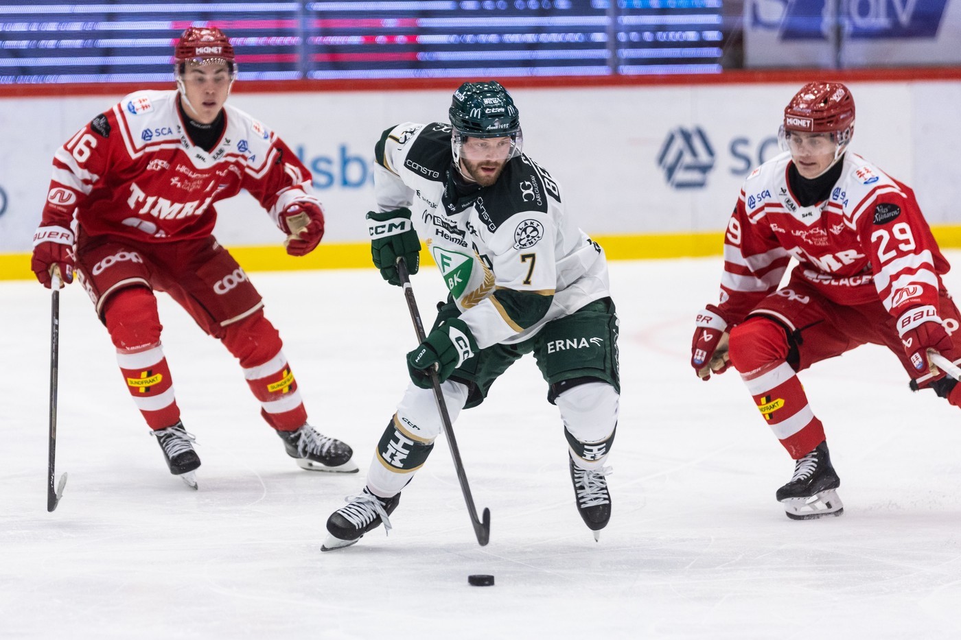 Axel Bergkvist in possession for Farjestad at Timra
