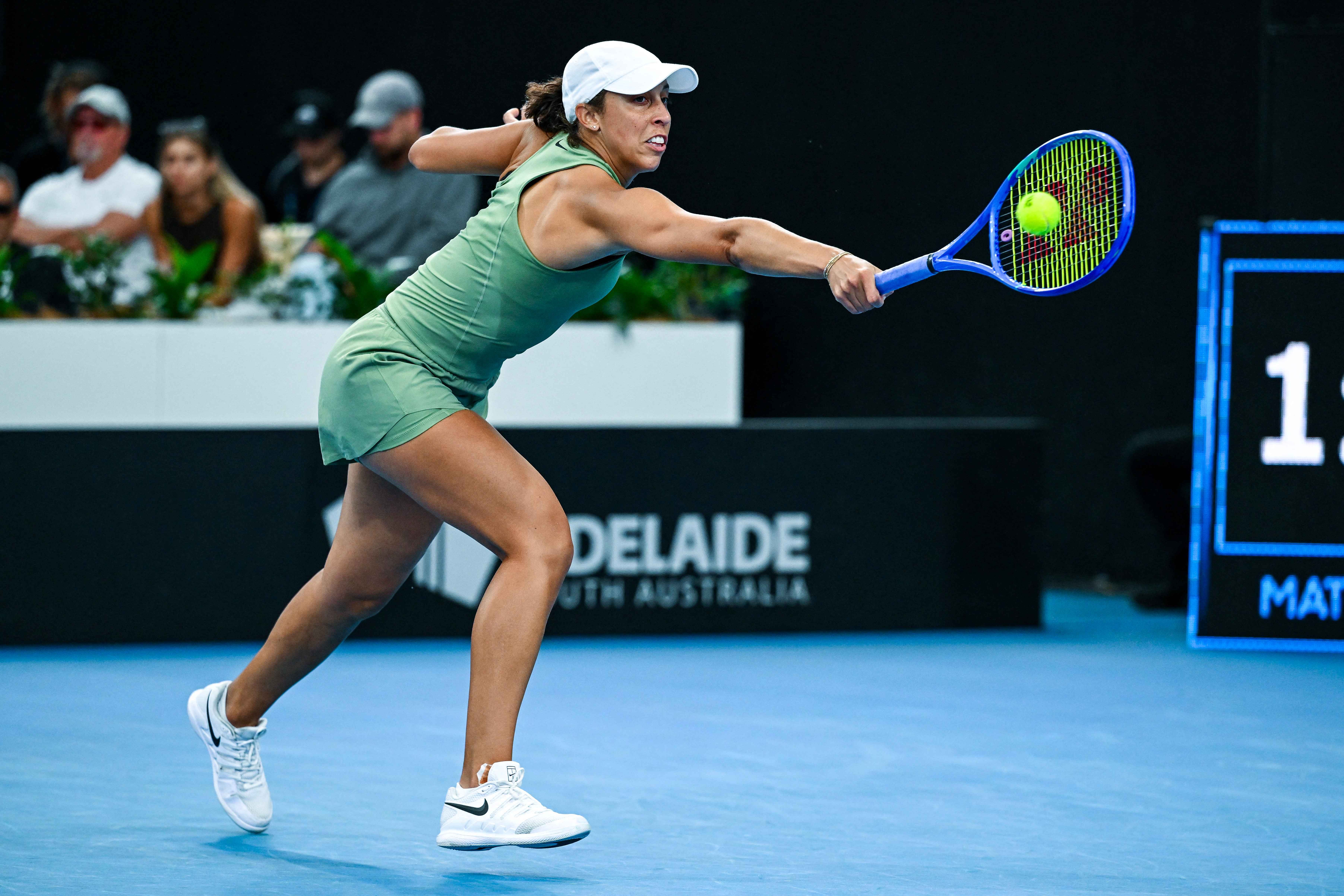 Madison Keys plays a backhand at the Adelaide International on Thursday night.