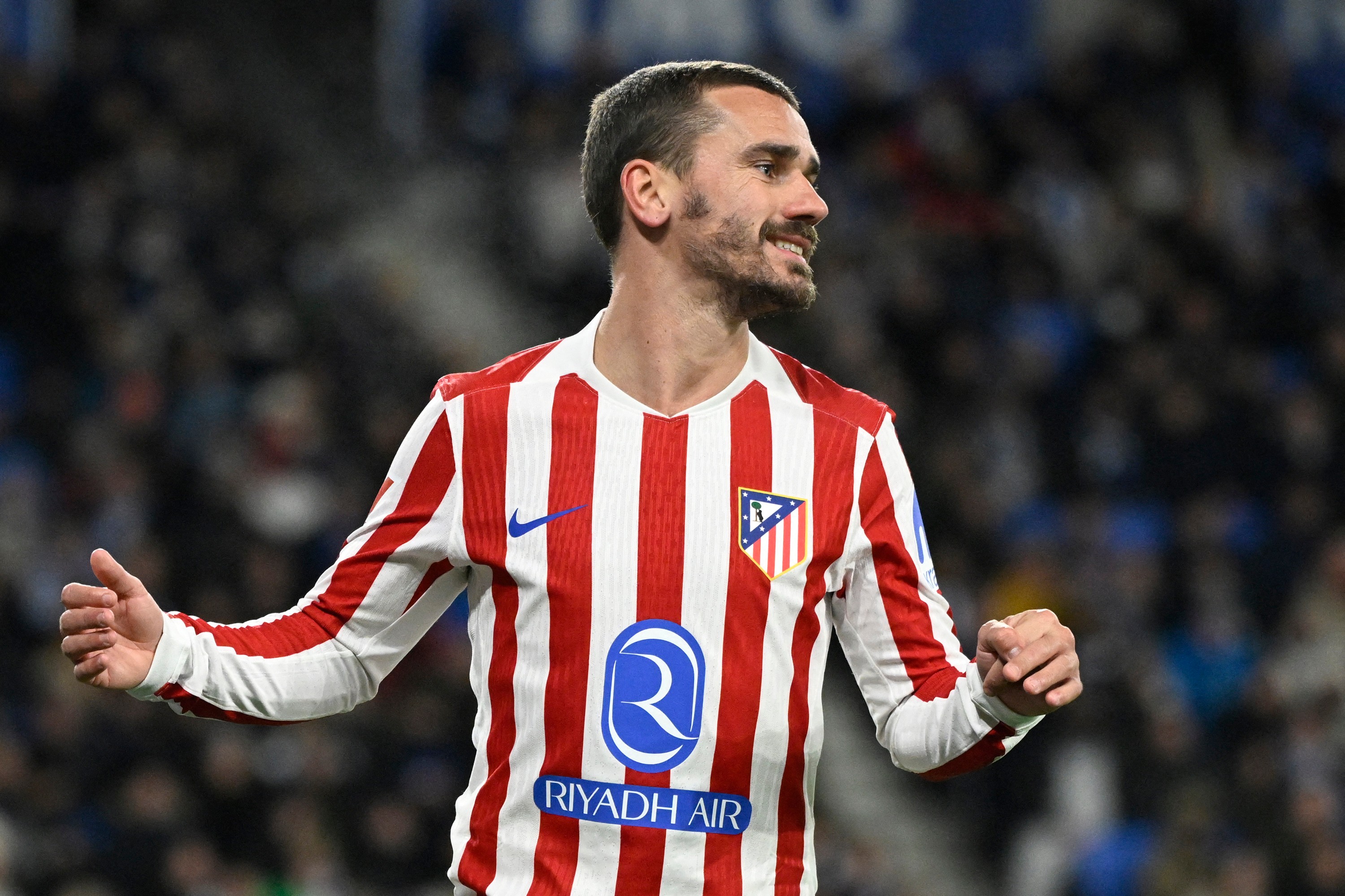 Atletico Madrid's Antoine Griezmann reacts to missing an opportunity against Real Sociedad