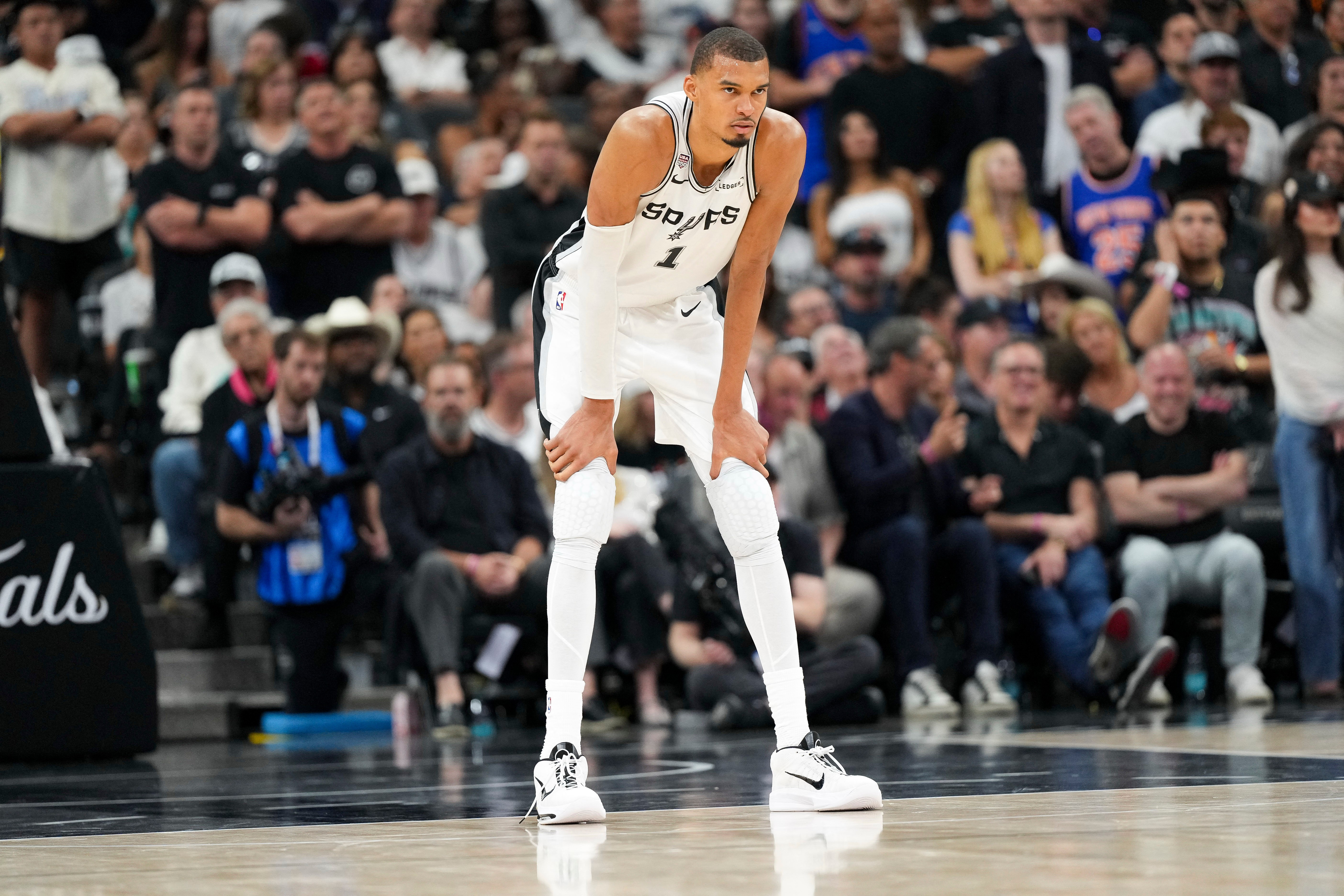 San Antonio Spurs forward Victor Wembanyama looks on in the second half during Game 2