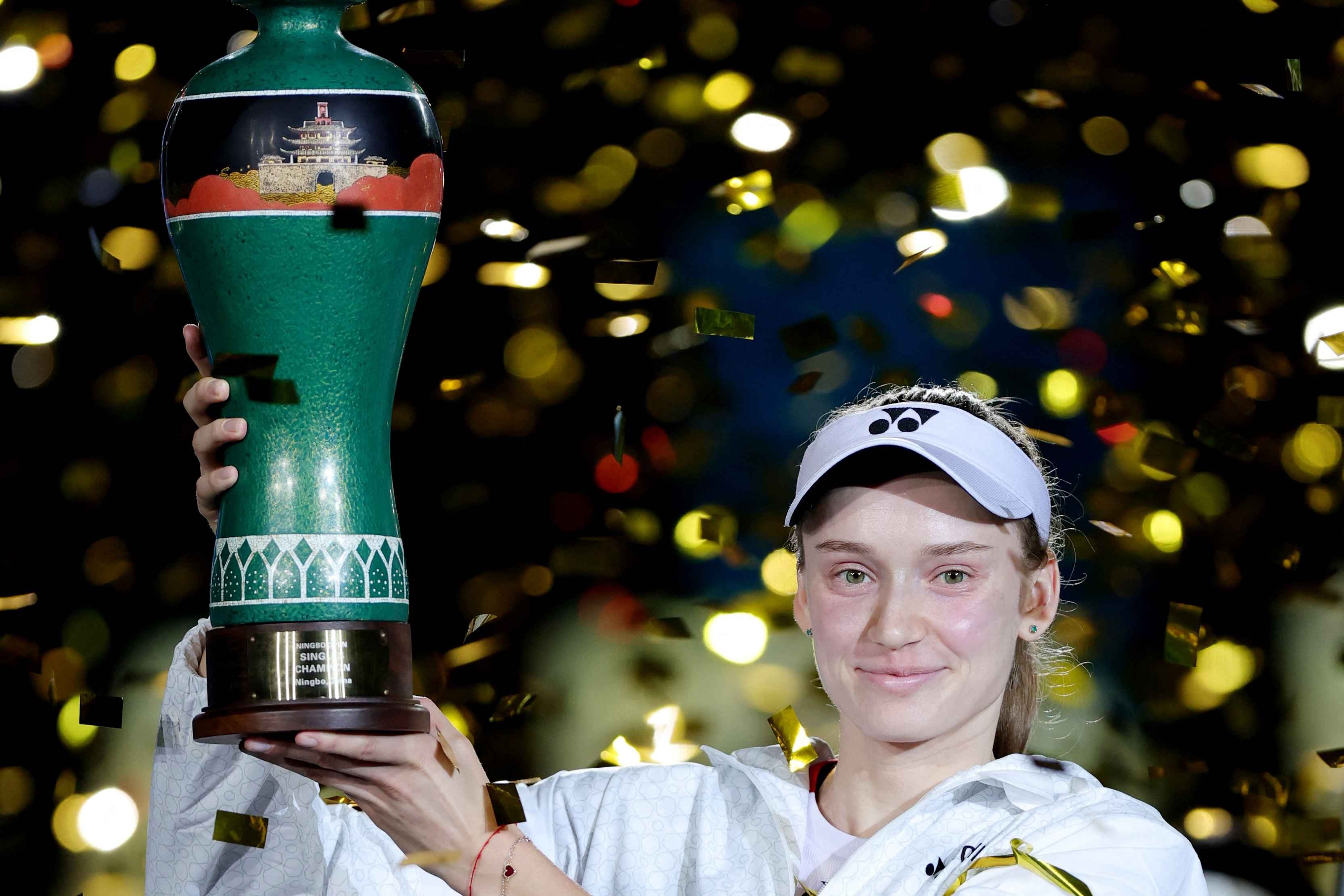 Rybakina celebrates with the Ningbo trophy
