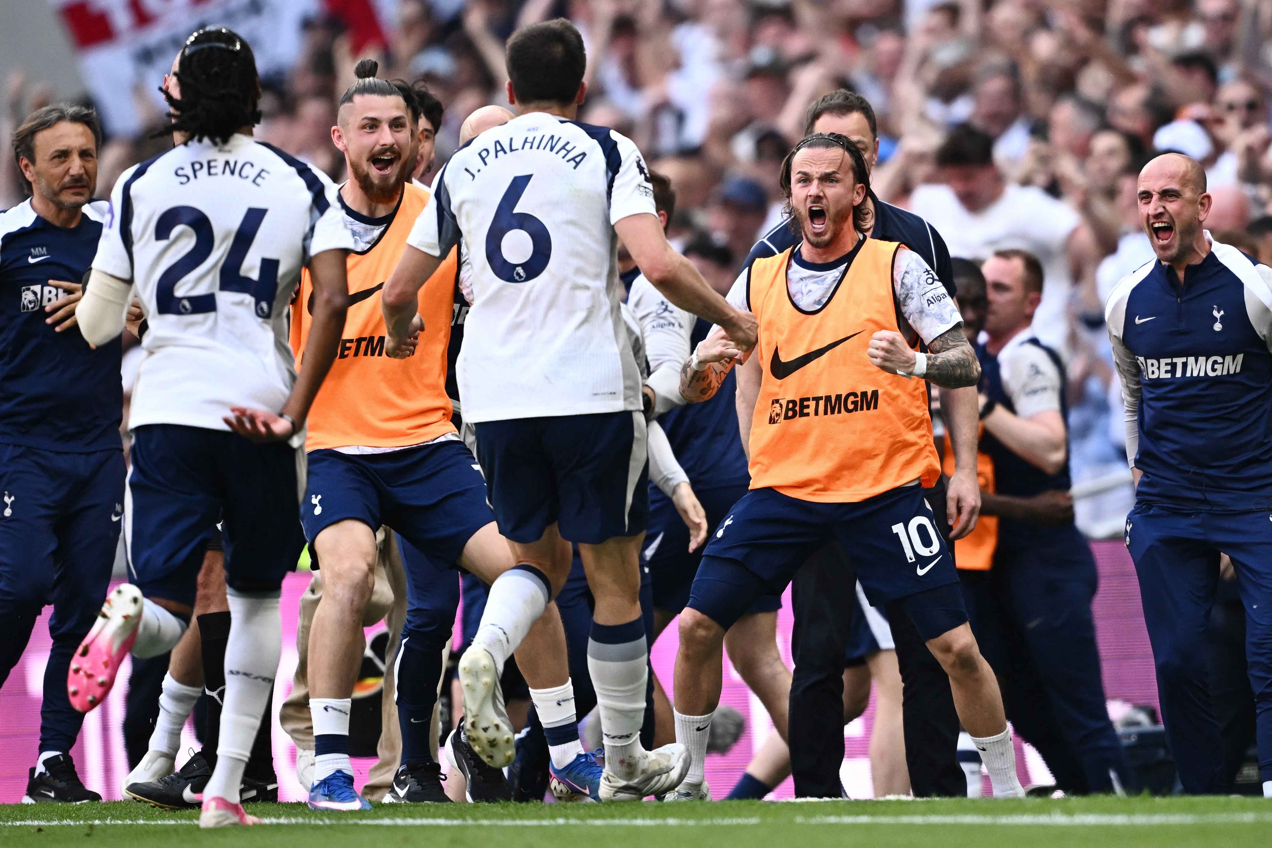 Spurs players celebrate staying in the PL