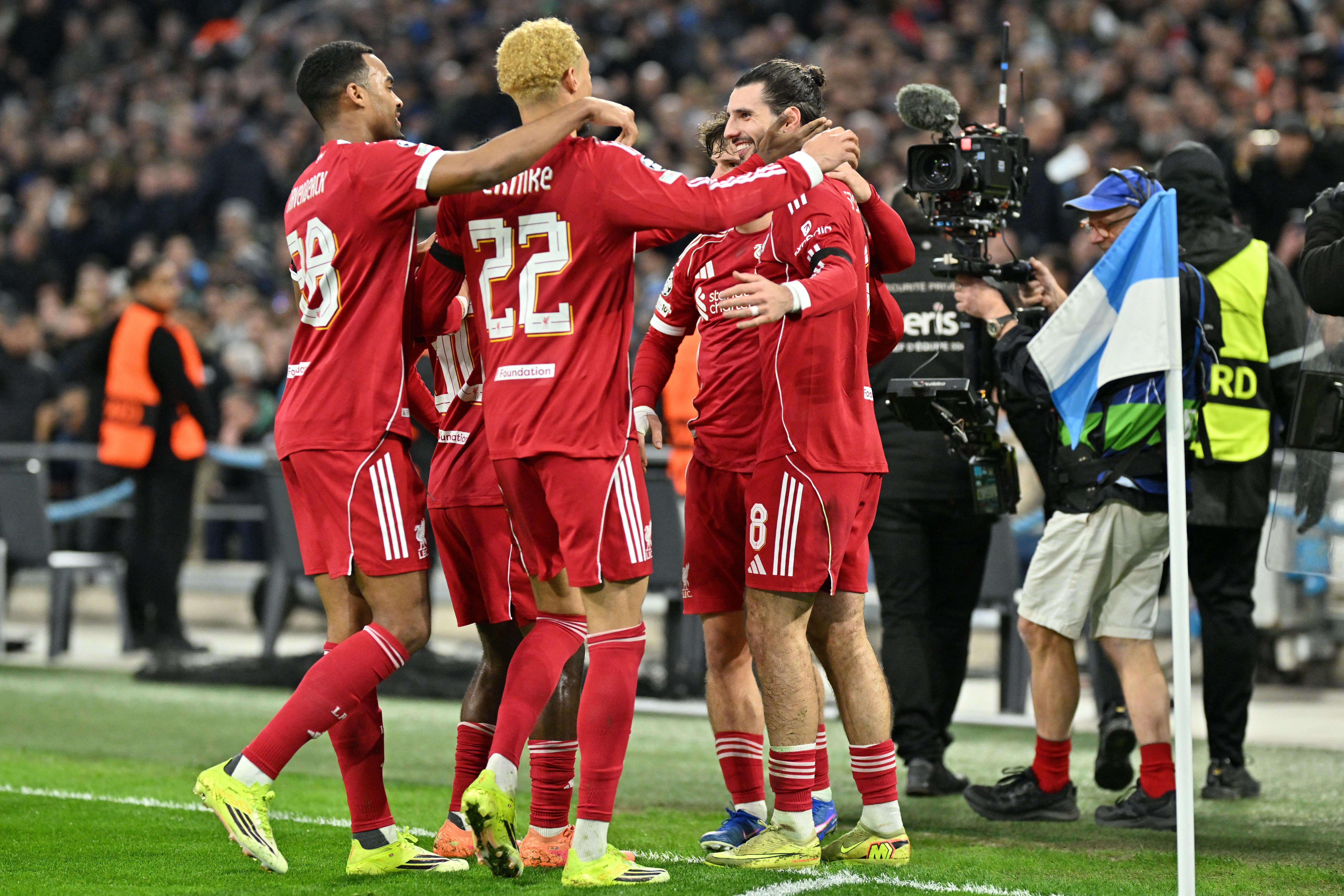 Liverpool celebrate Dominik Szoboszlai's goal