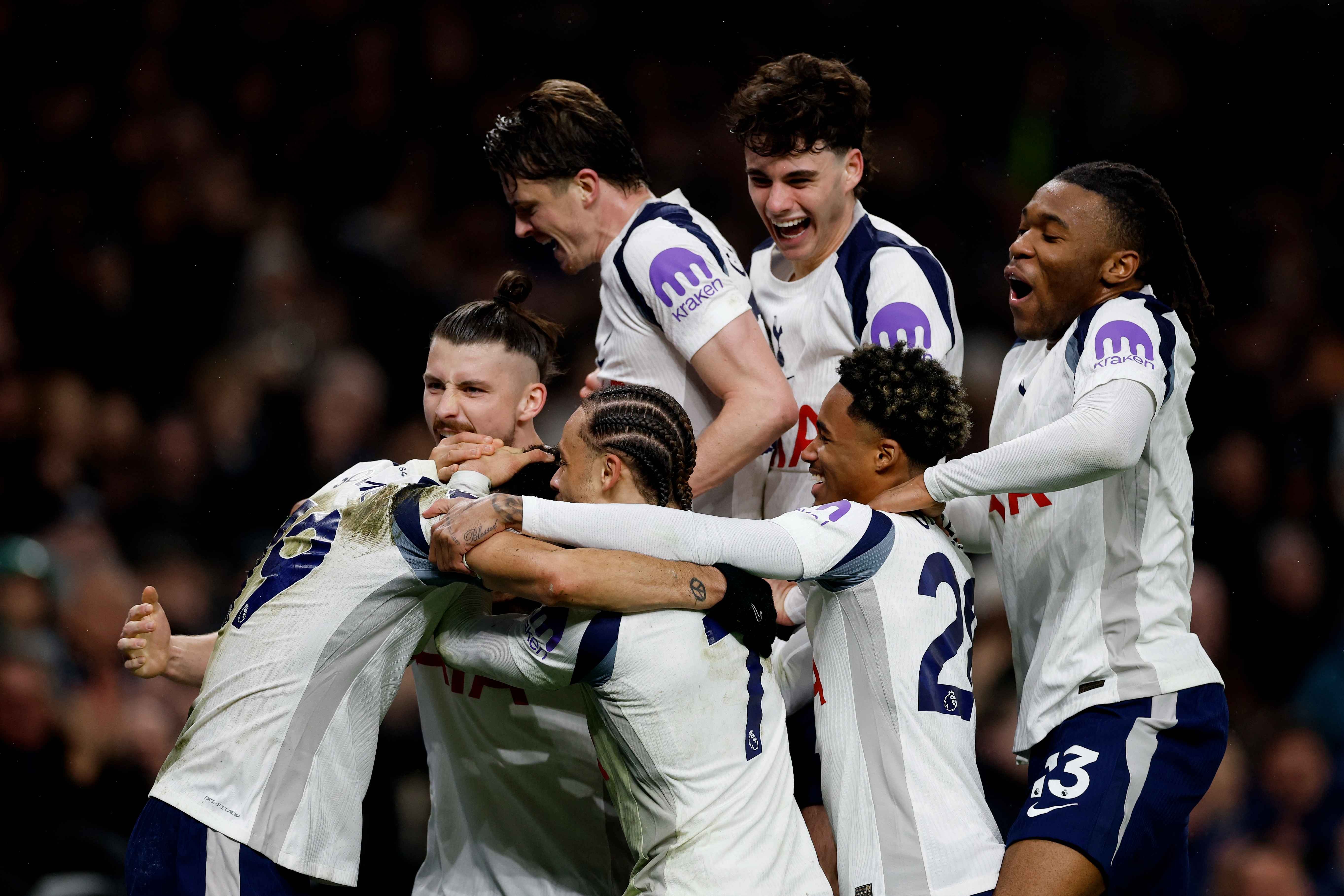 Tottenham Hotspur's Dominic Solanke celebrates scoring their second goal with teammates