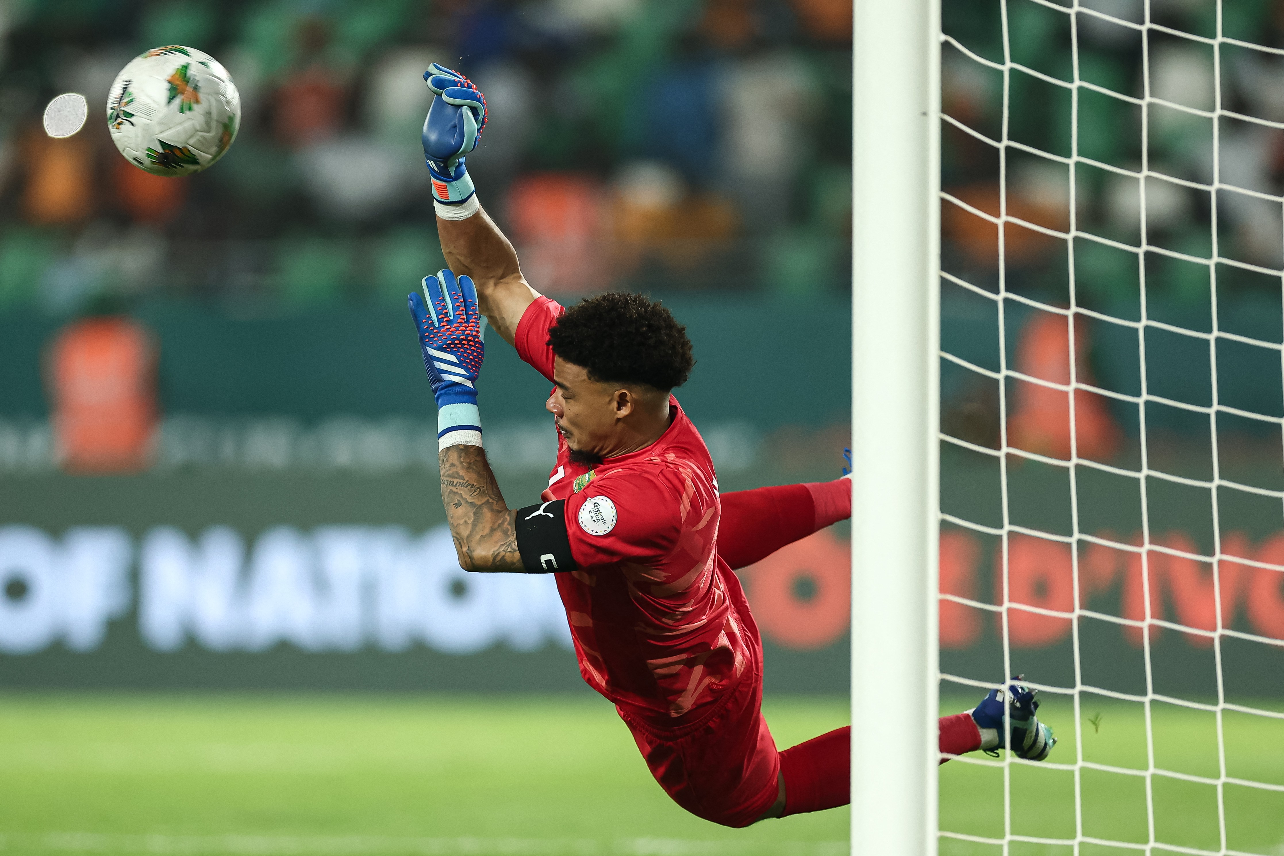 Bafana Bafana goalkeeper Ronwen Williams produces one of his record four saves in the shoot-out against Cape Verde in the 2023 edition.