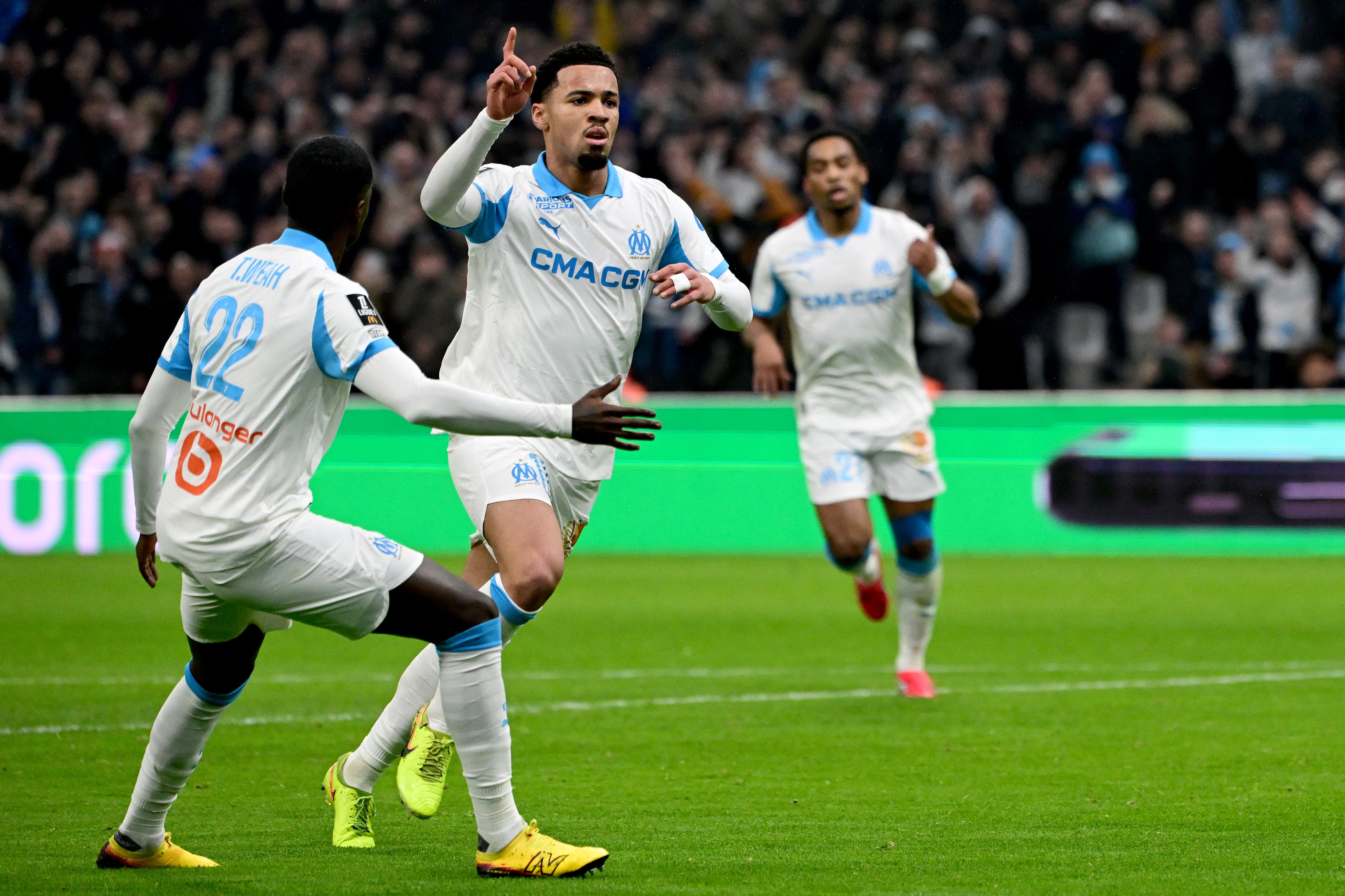Ethan Nwaneri celebrates after netting his first goal for Marseille