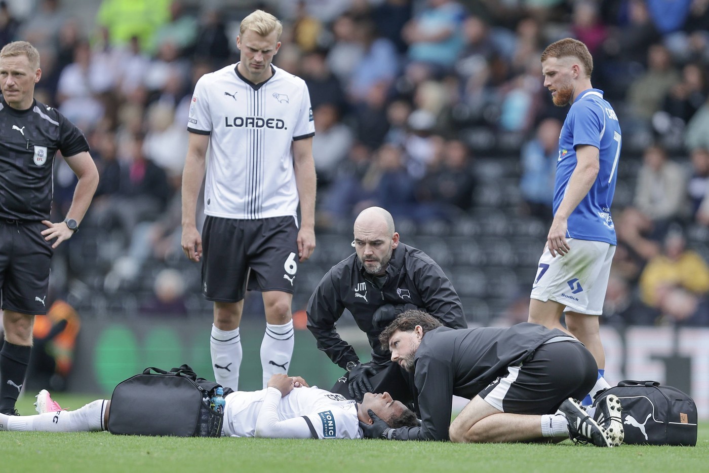Championship game stopped after Derby striker Henrik Meister shockingly collapsed