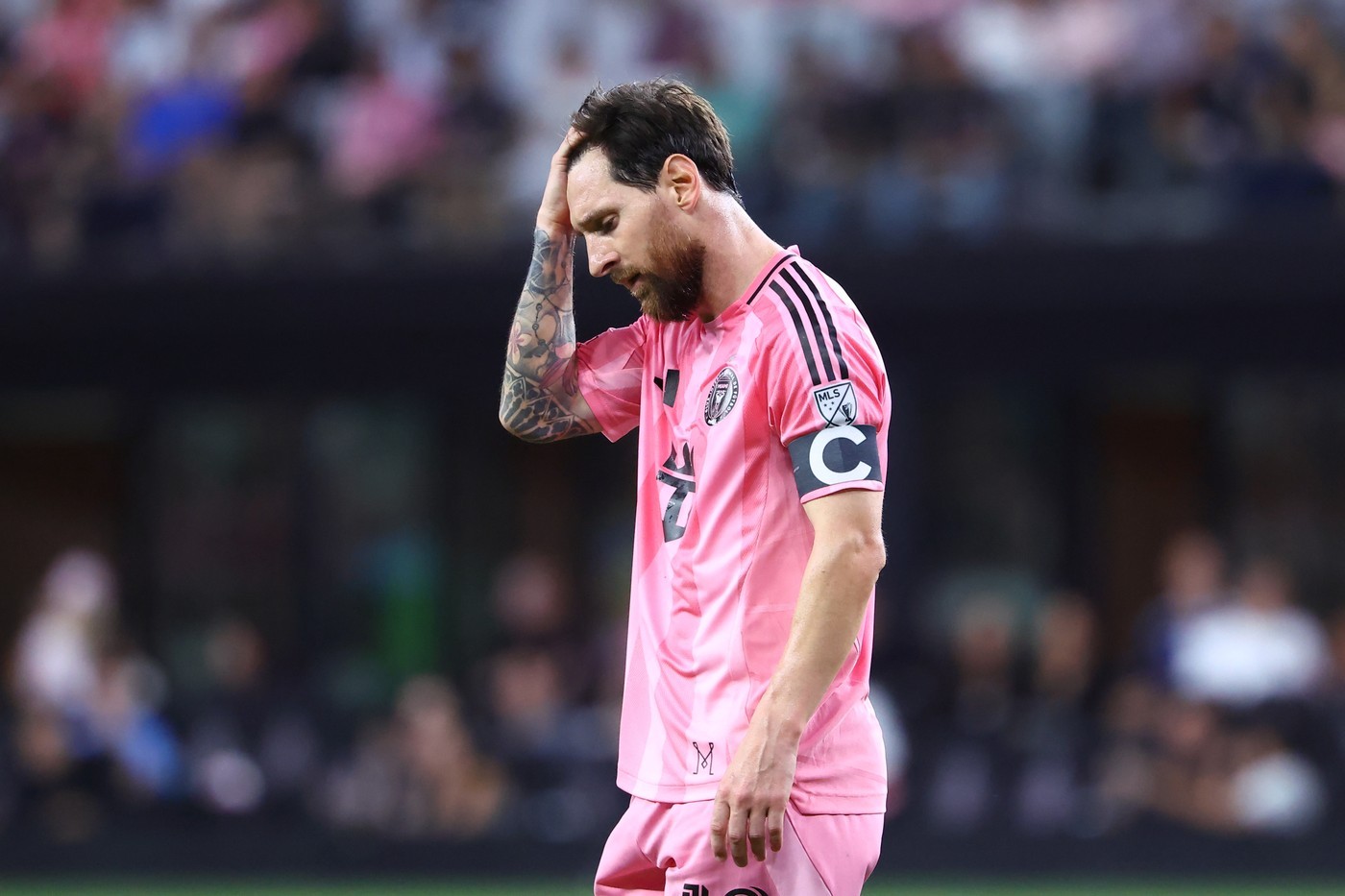Lionel Messi reacts during Inter Miami game against Cincinnati