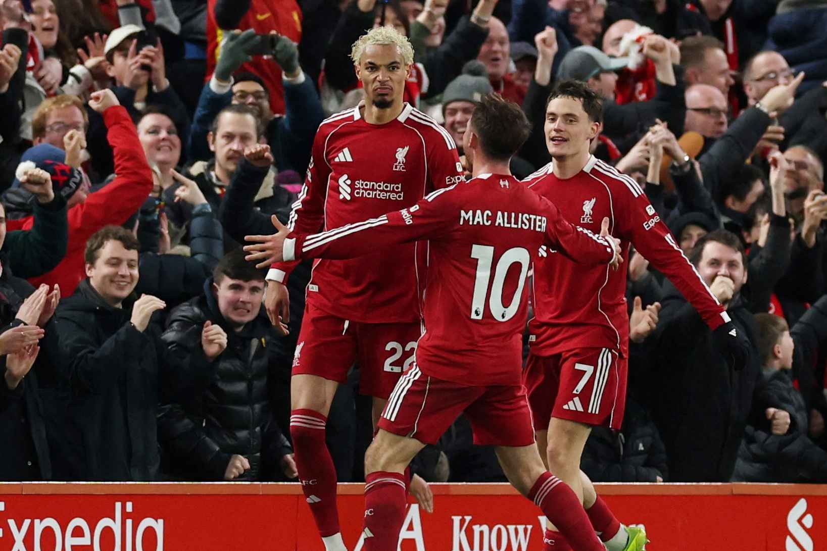 Liverpool's Hugo Ekitike celebrates scoring their second goal with Florian Wirtz and Alexis Mac Allister
