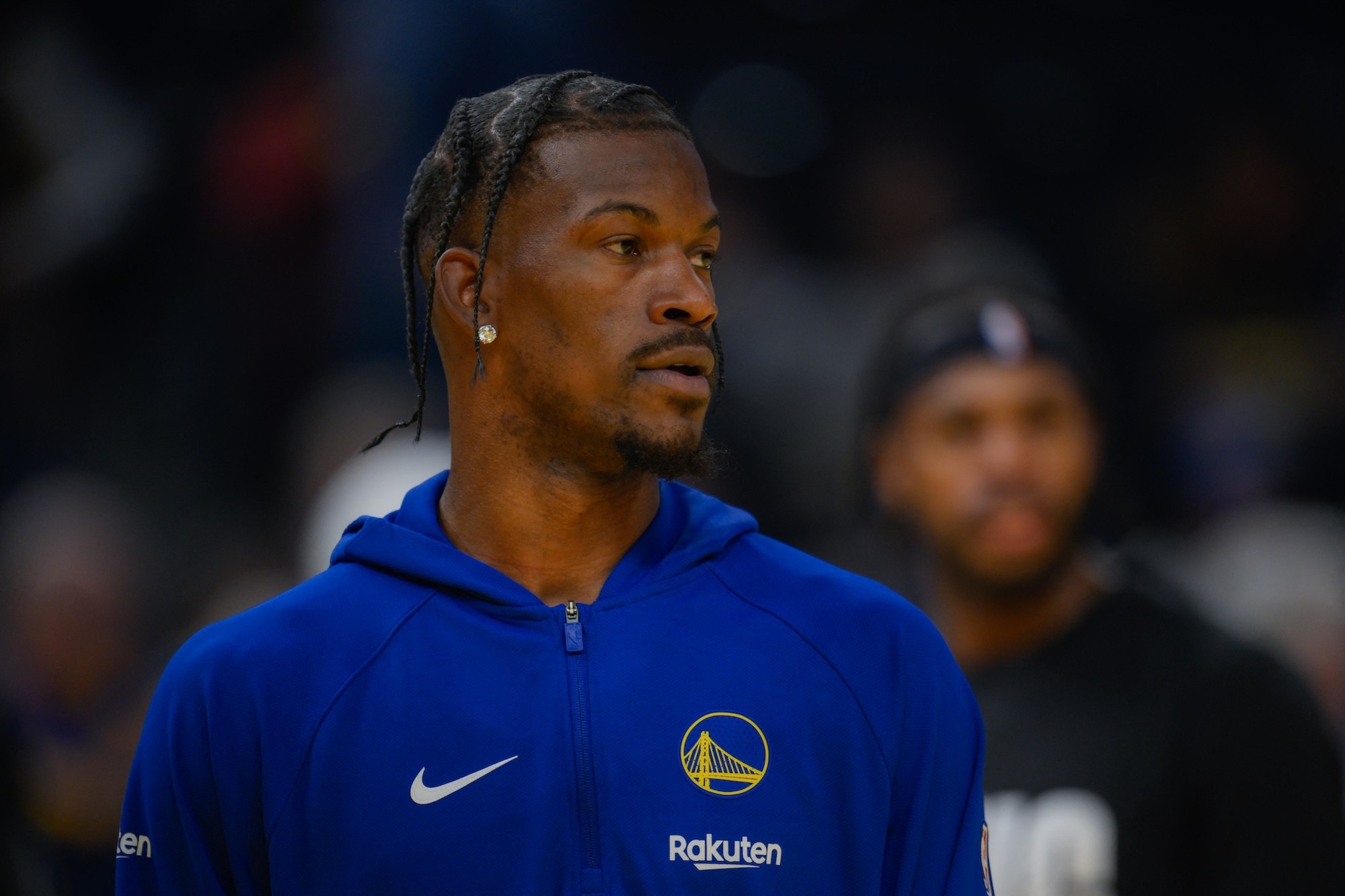 Warriors' Jimmy Butler warms up before a game