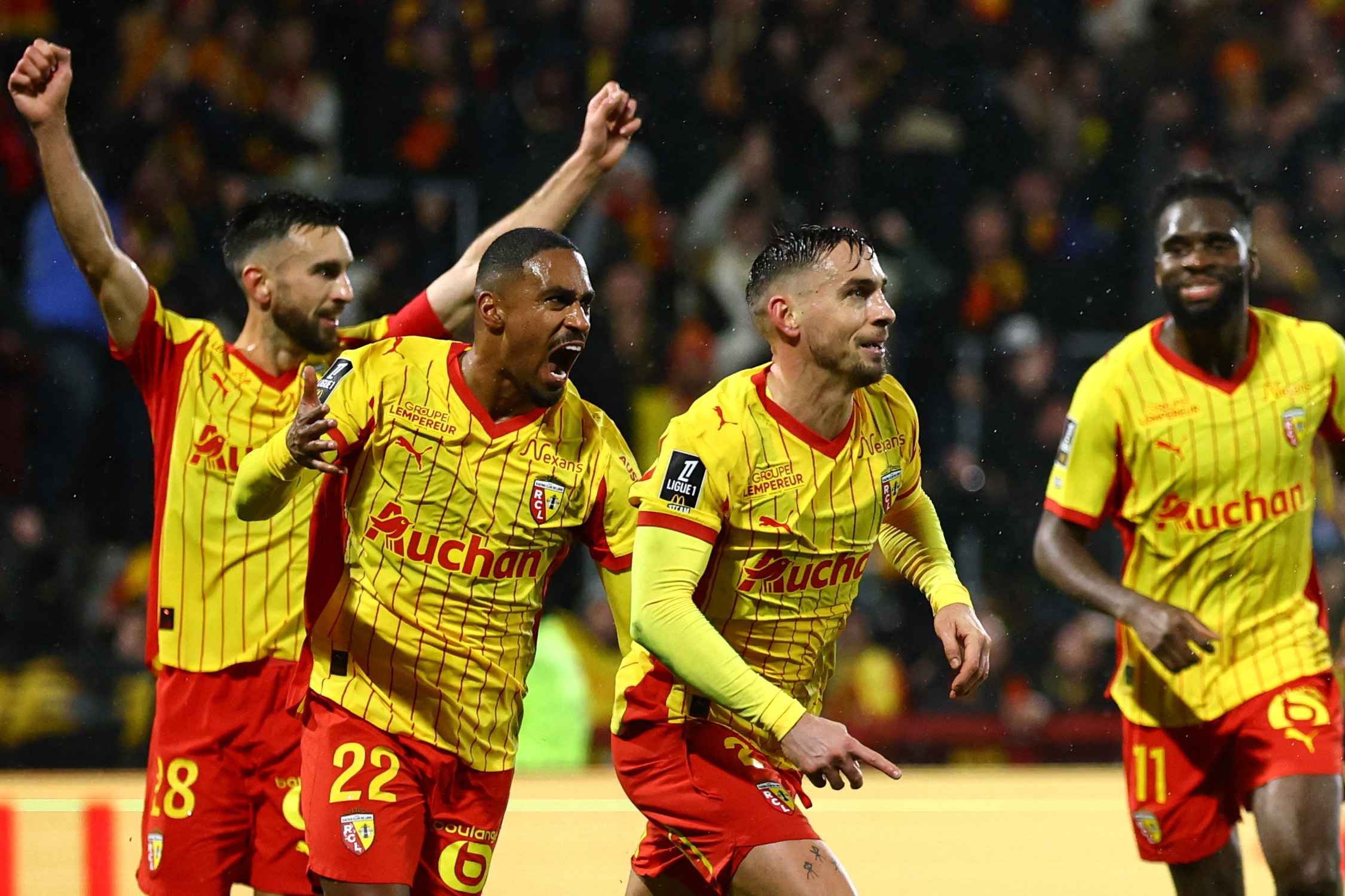 Lens' Ruben Aguilar celebrates scoring their first goal against Le Havre