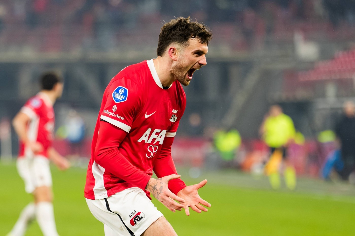 AZ's Troy Parrott celebrates scoring the 2-1 against FC Twente