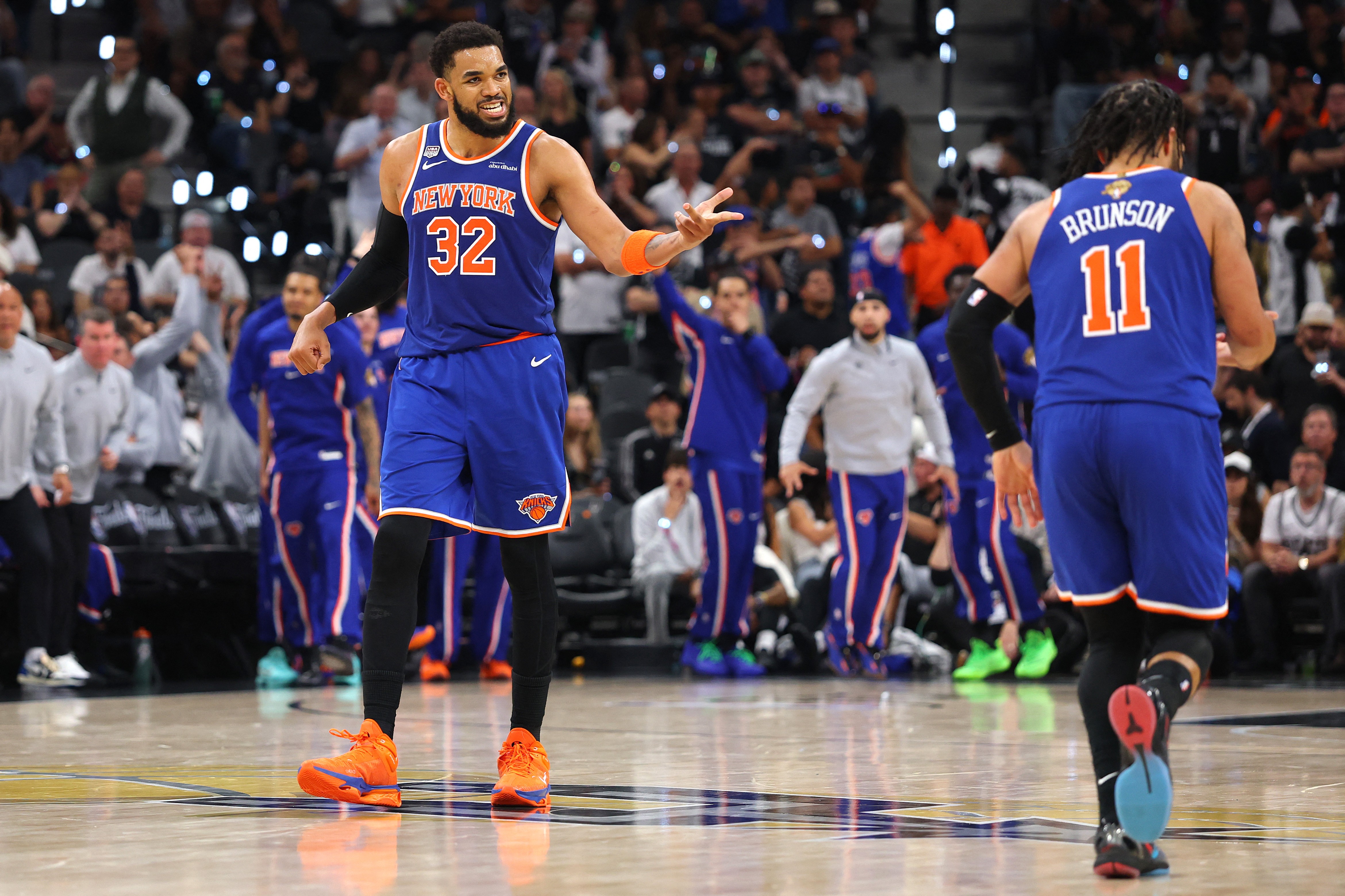Knicks' Karl-Anthony Towns reacts during Game 2 of NBA Finals