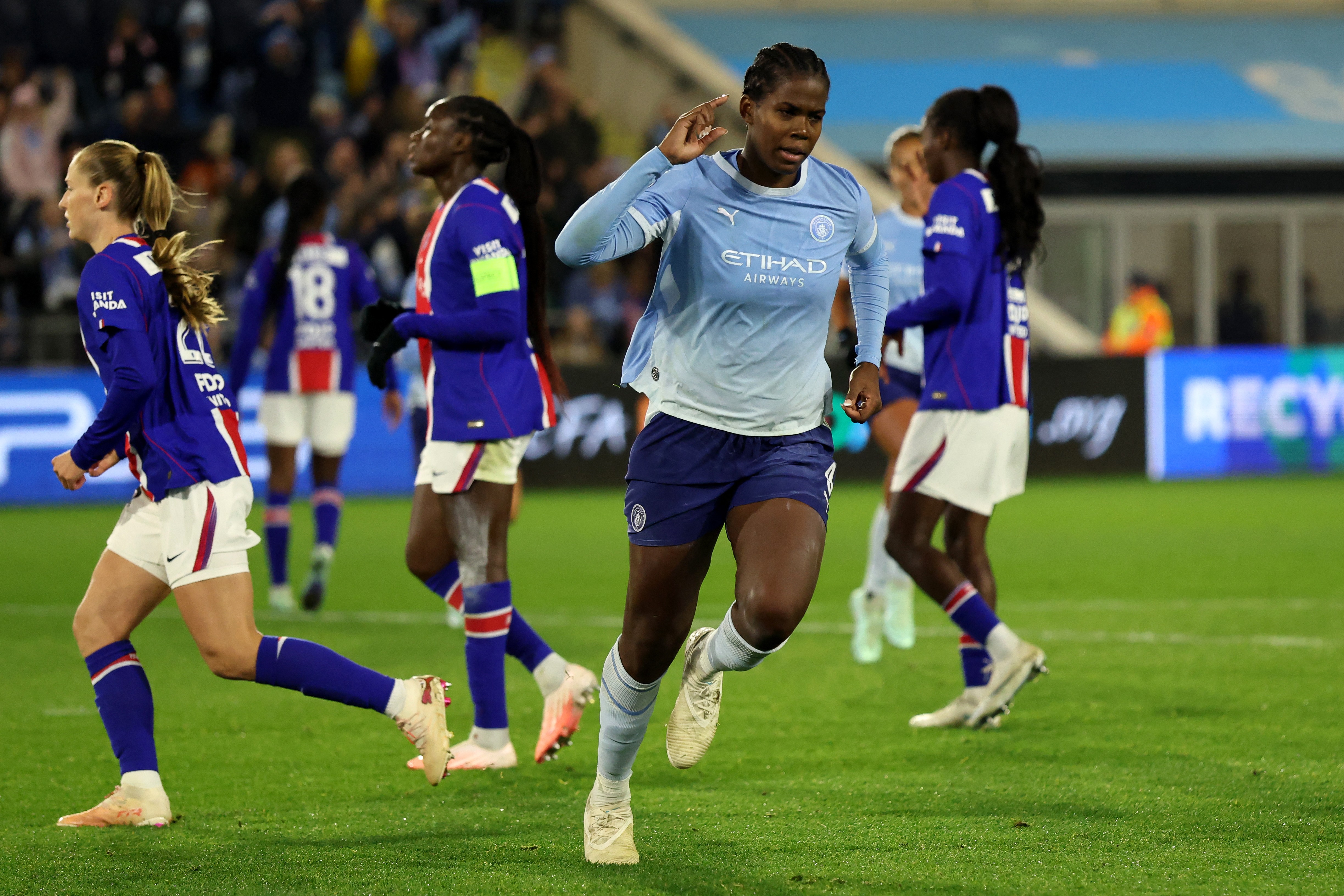Khadija Shaw celebrates after opening the scoring for Manchester city