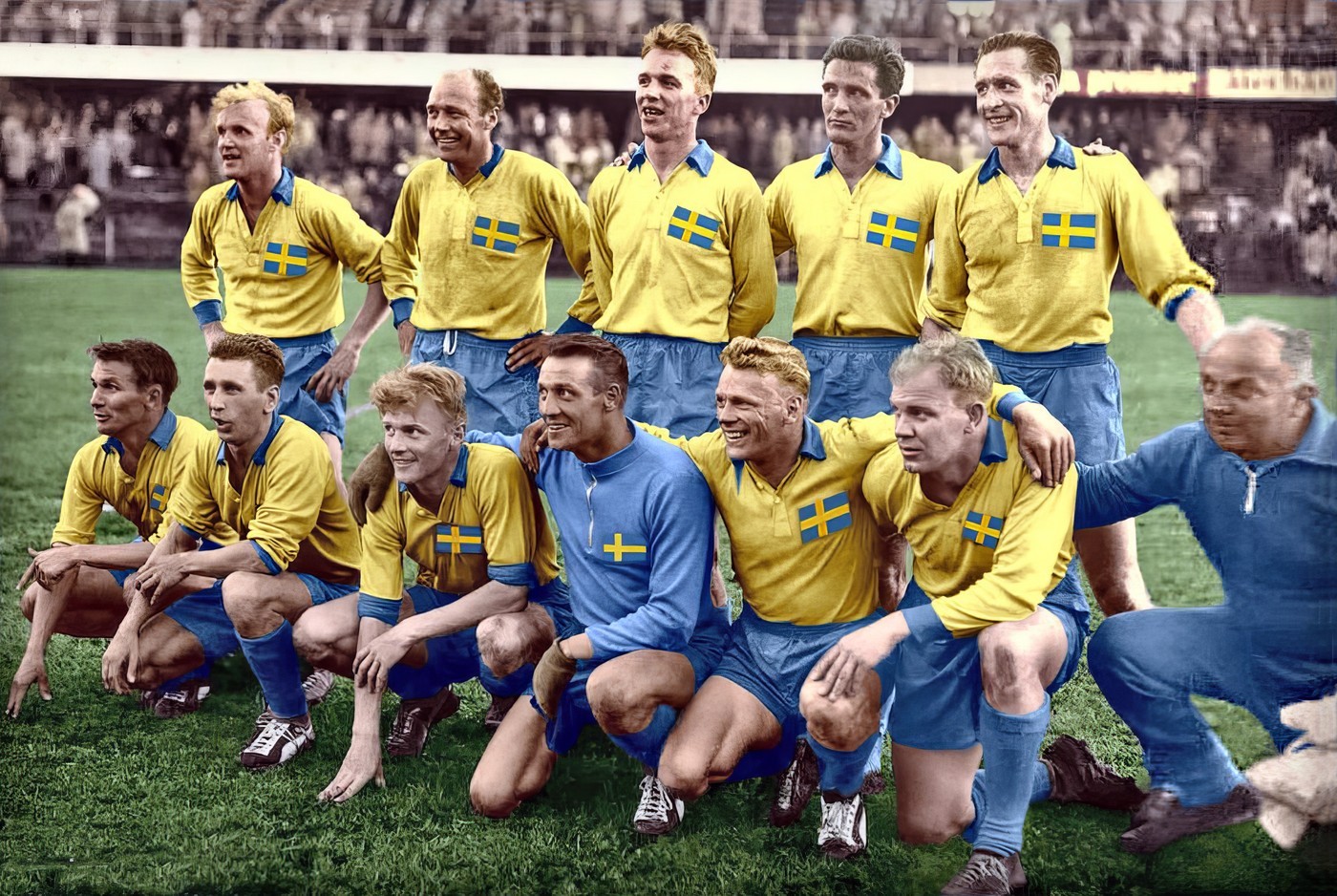 A colourised photo of the Sweden team from the 1958 World Cup Final