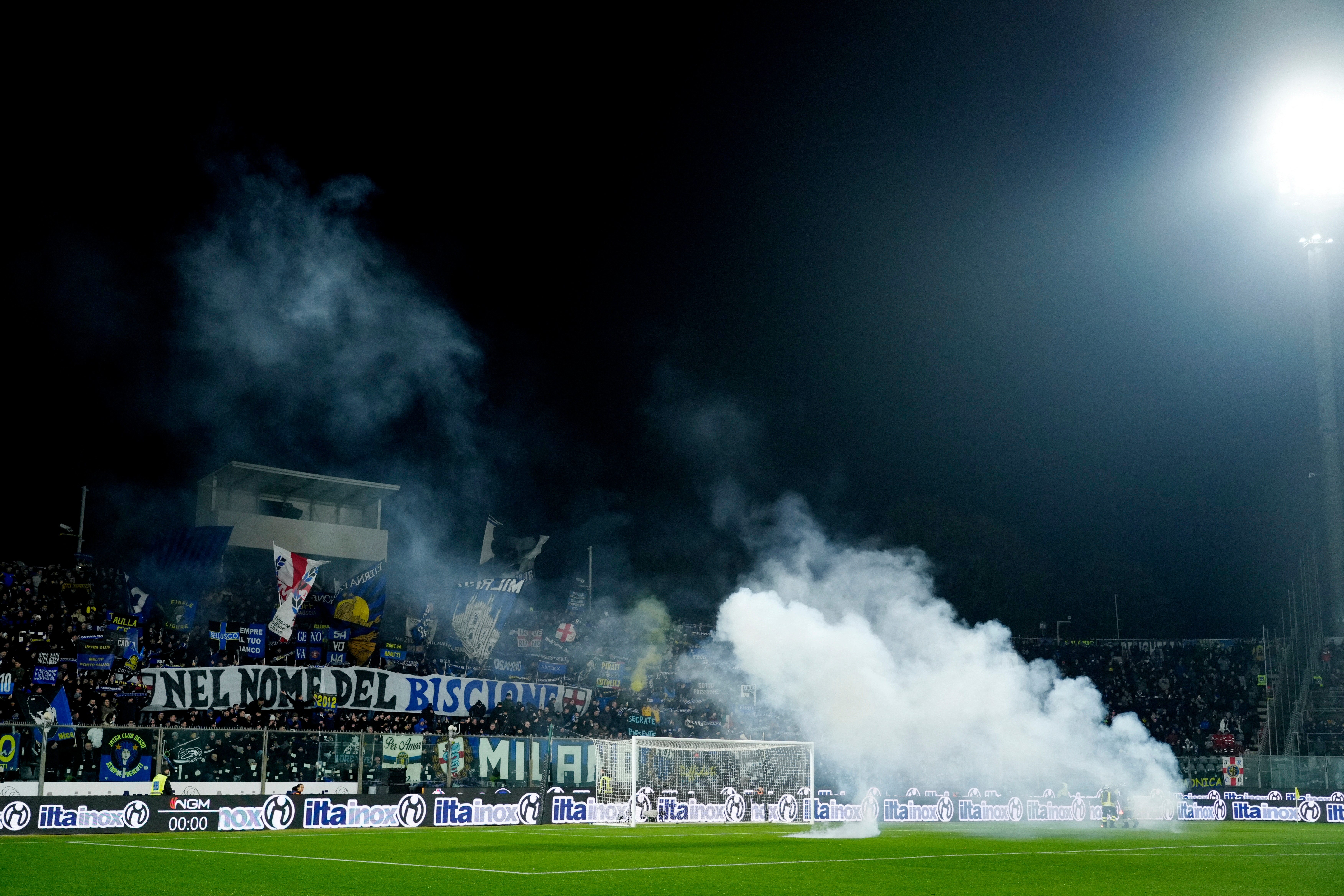 General view of flares on the pitch before the match between Cremonese and Inter