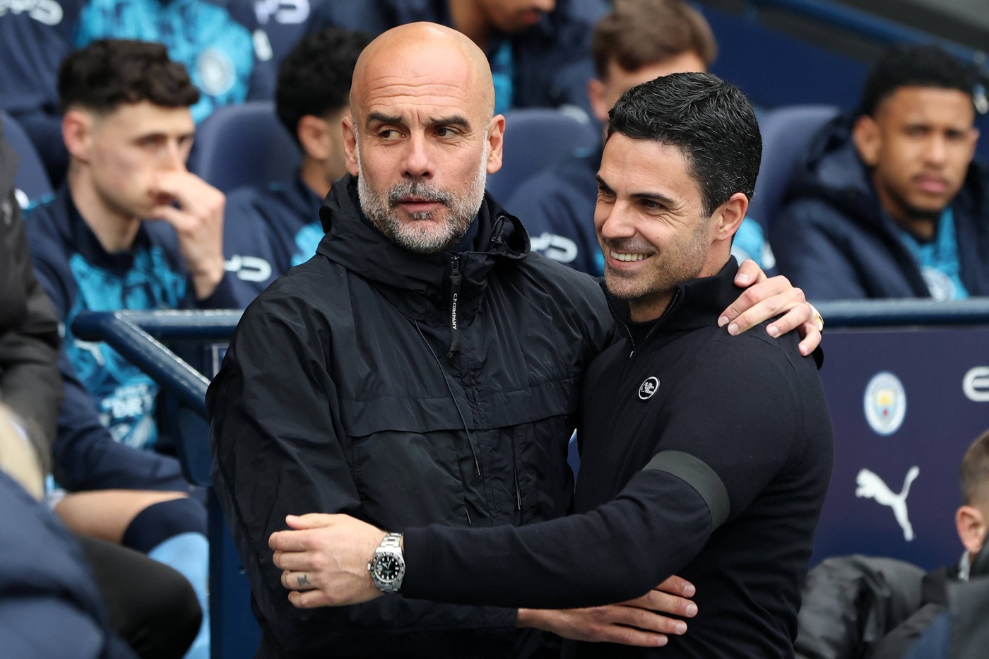 Pep Guardiola, entraîneur de Manchester City ; Mikel Arteta, entraîneur d'Arsenal