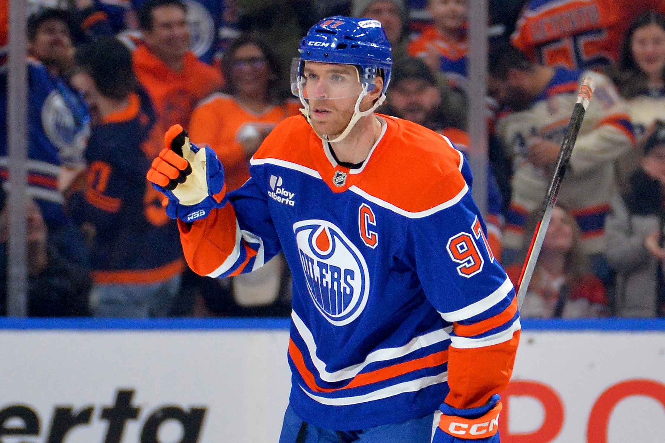 Connor McDavid reacts after scoring against the Nashville Predators