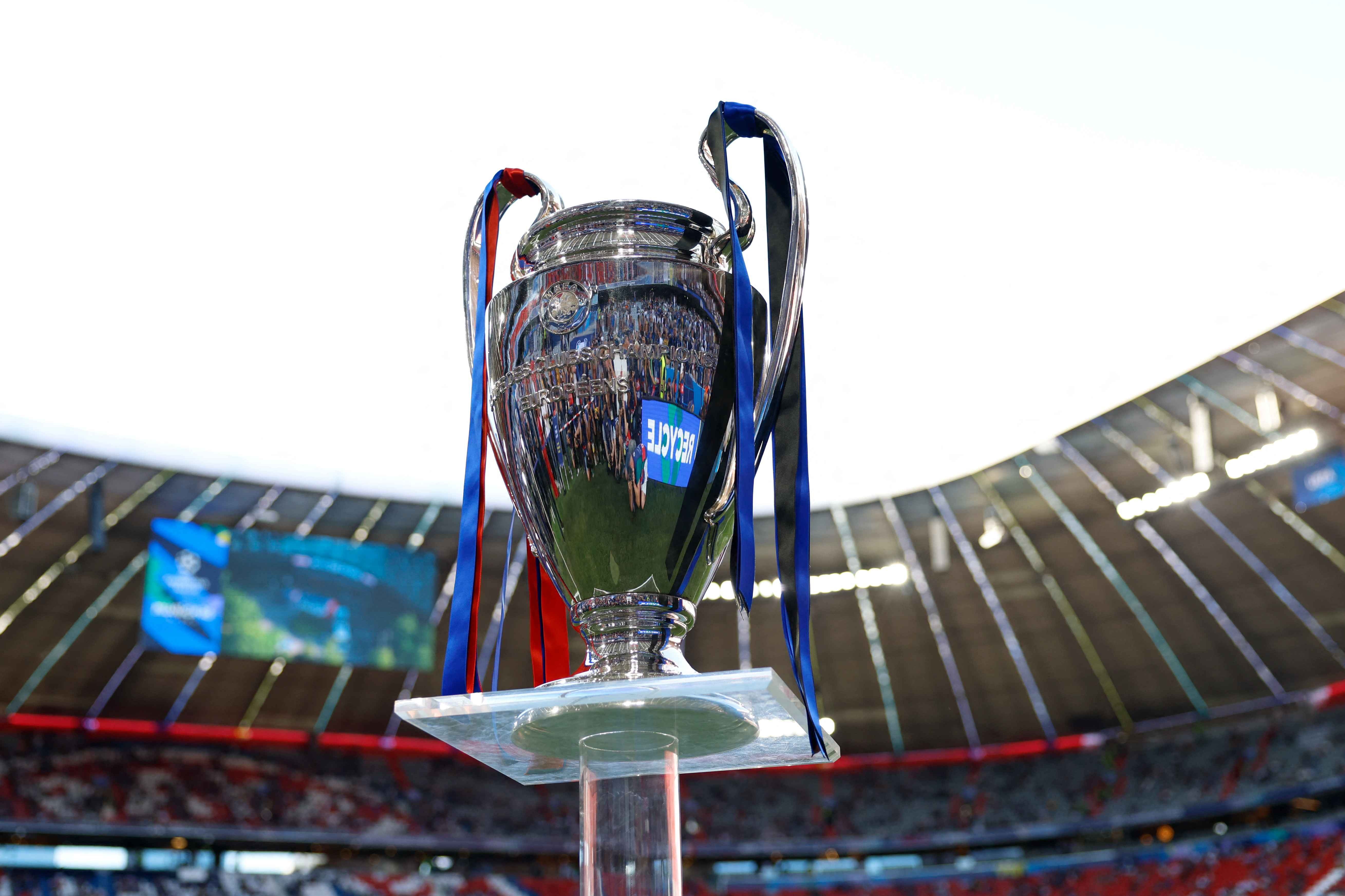 The UEFA Champions League trophy on display before the 2025 final in Munich
