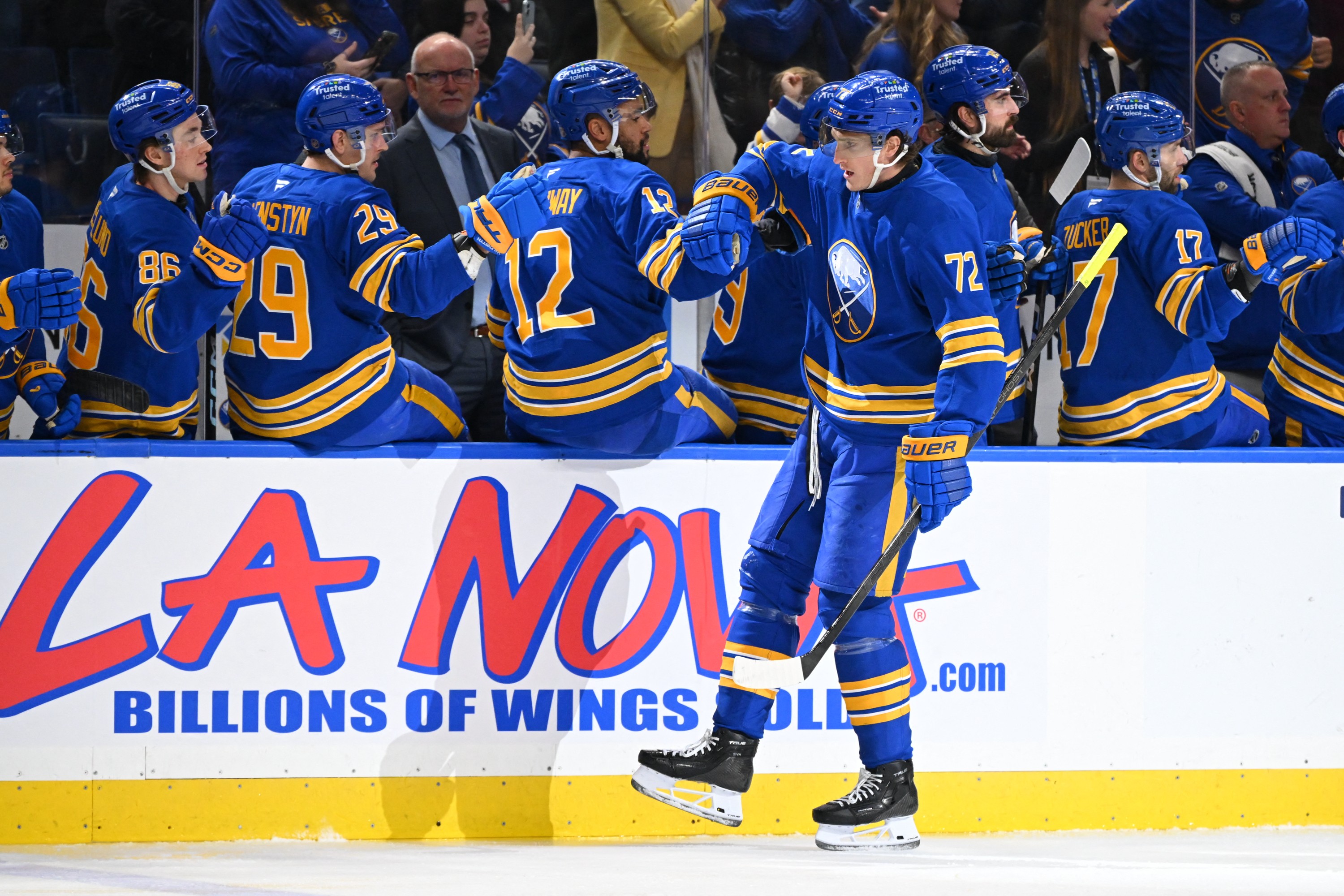 Buffalo Sabres players celebrate a goal