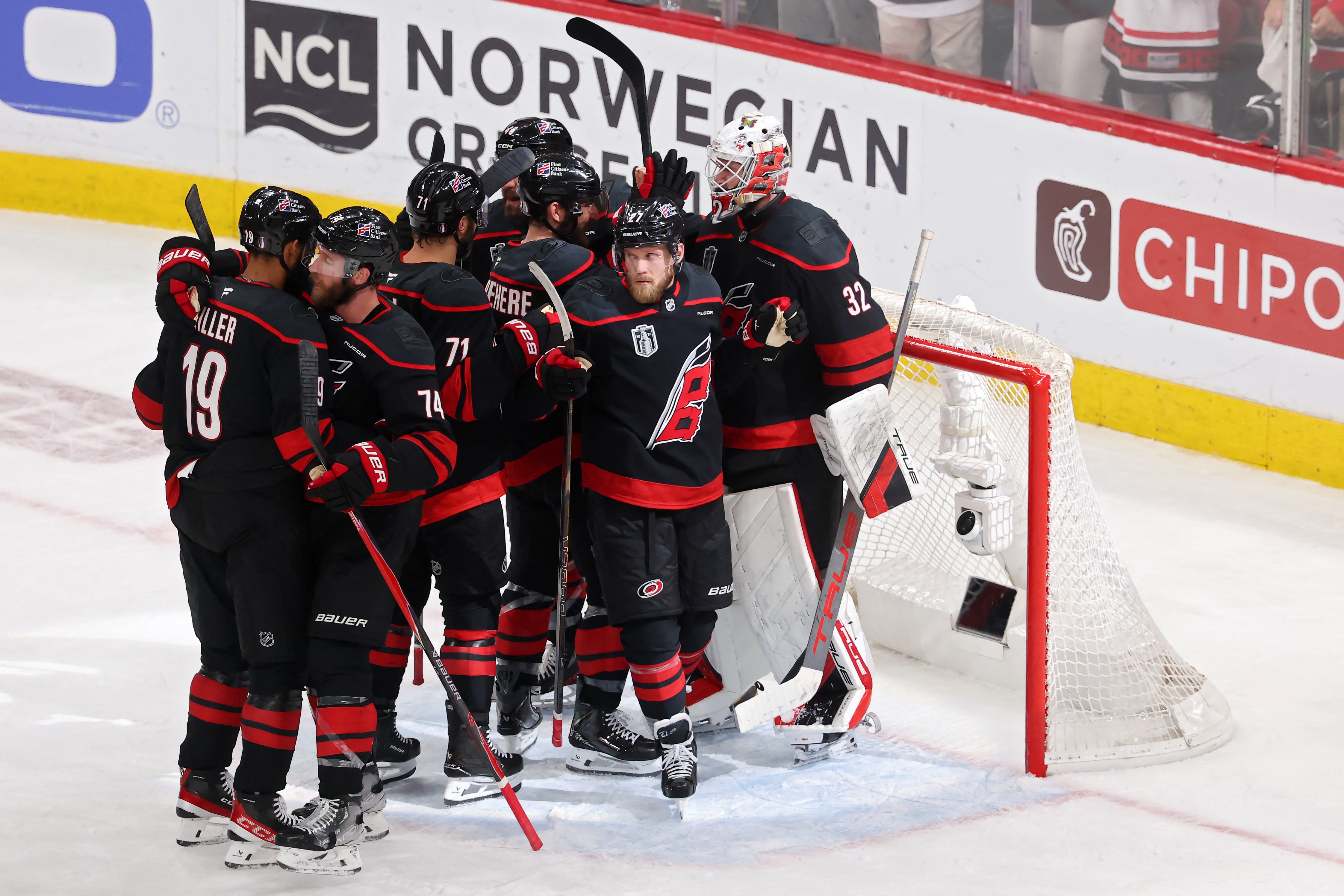 The Carolina Hurricanes celebrate winning Game 5 of the Stanley Cup series over the Vegas Golden Knights.