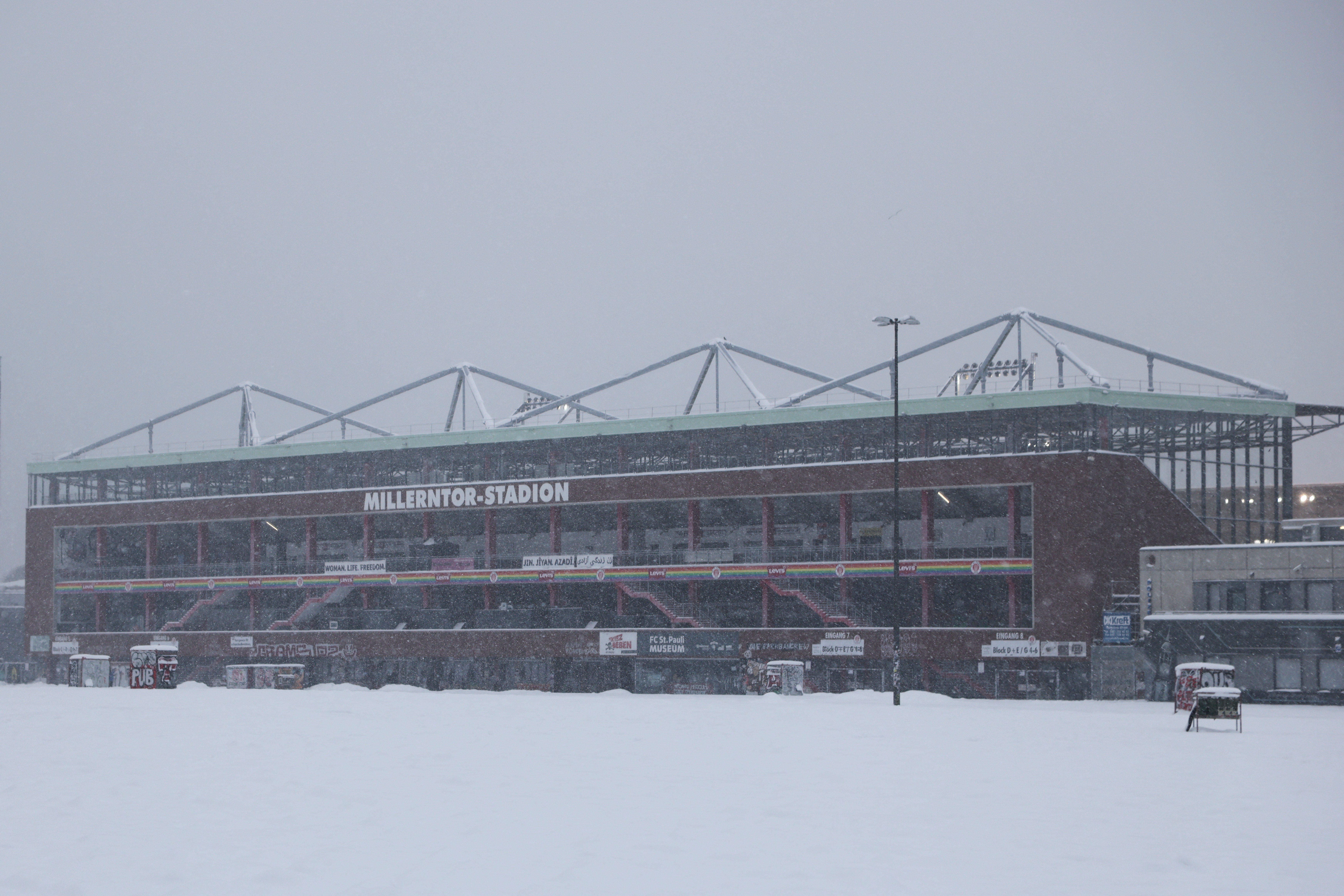 View of the Millerntor Stadium surrounded by snow