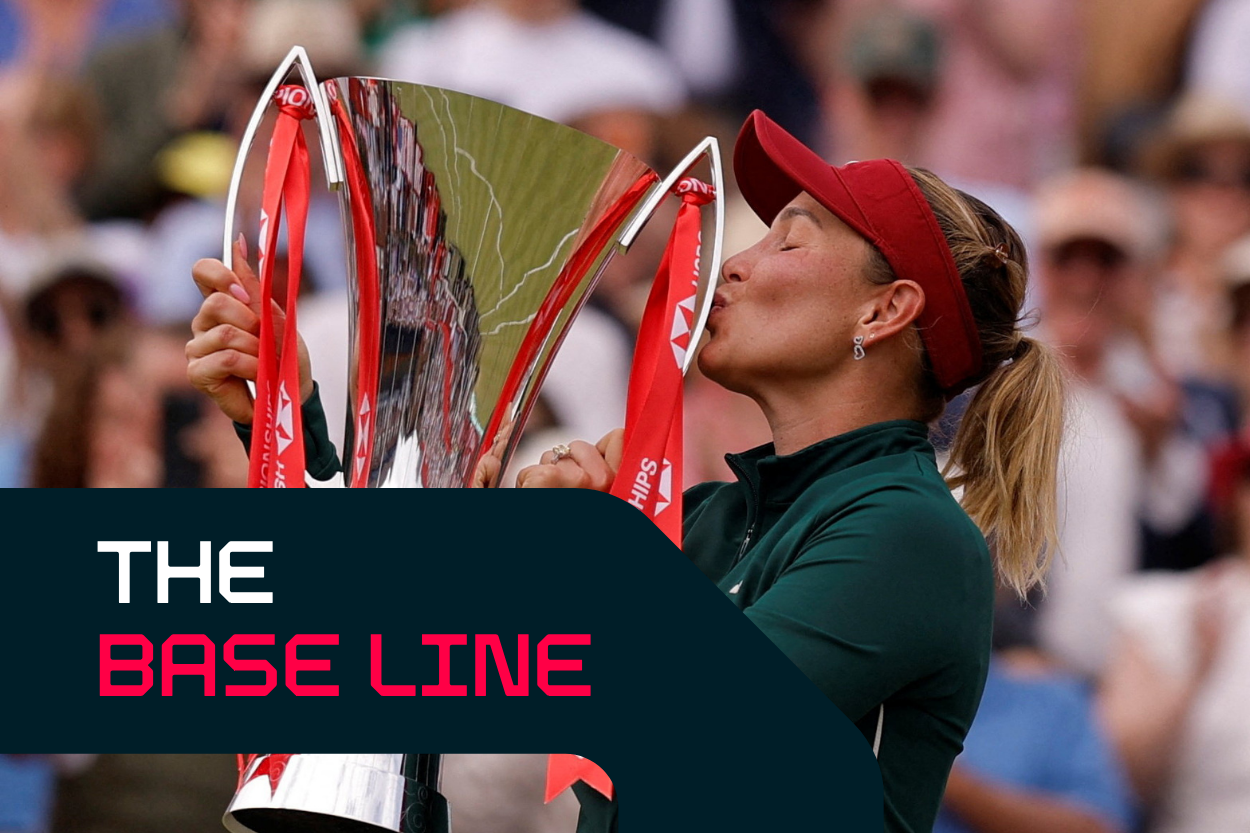 Vekic poses with the Queen's trophy after winning the final