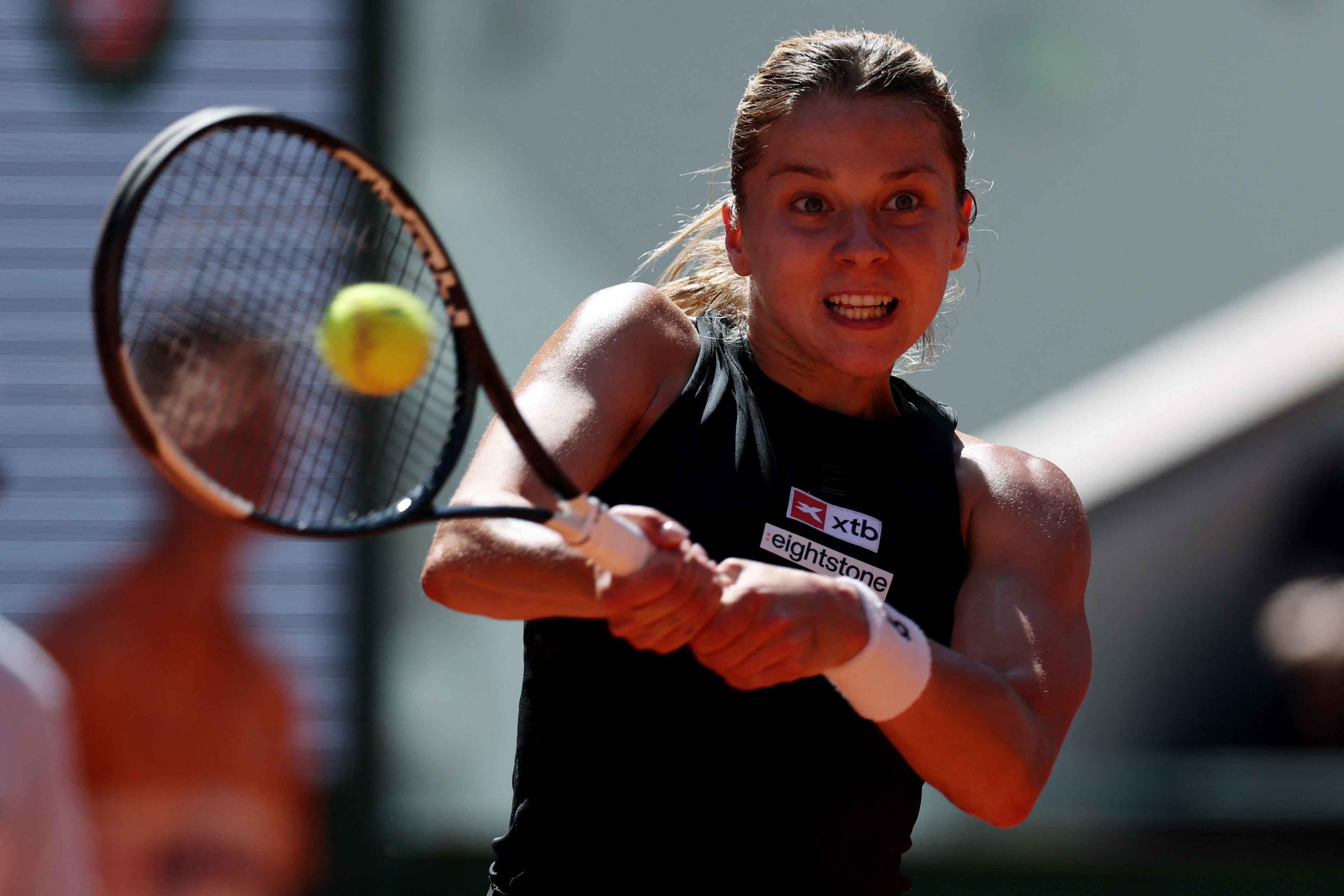 Poland's Maja Chwalinska in action during her fourth round match against France's Diane Parry