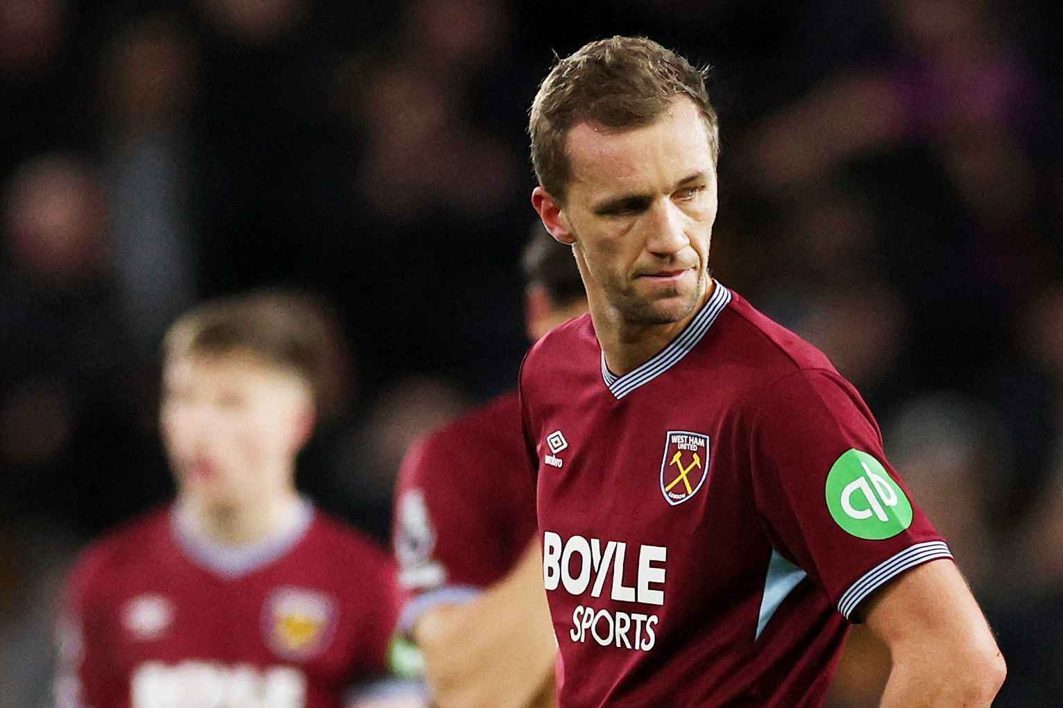 Tomas Soucek reacts during a match