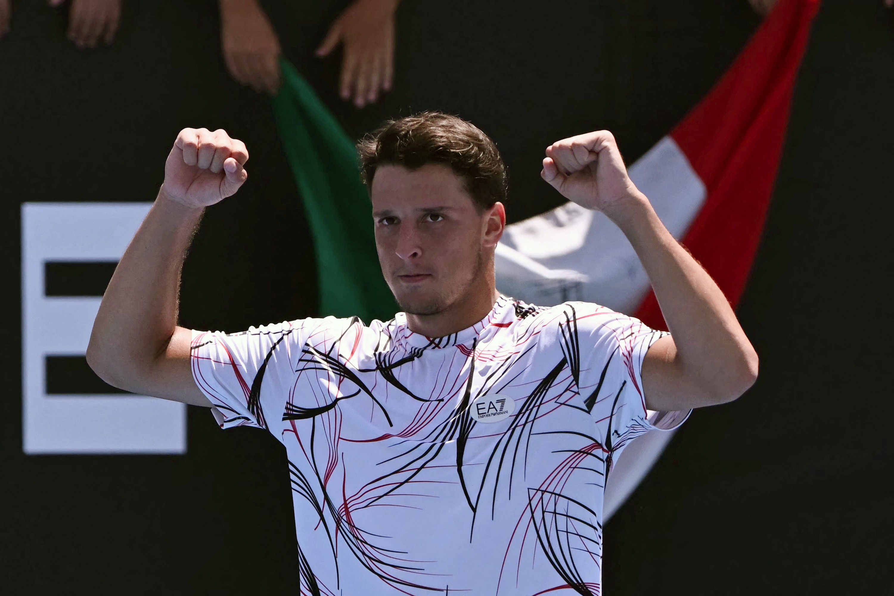 Luciano Darderi celebrates one of his two victories at the 2026 Australian Open.