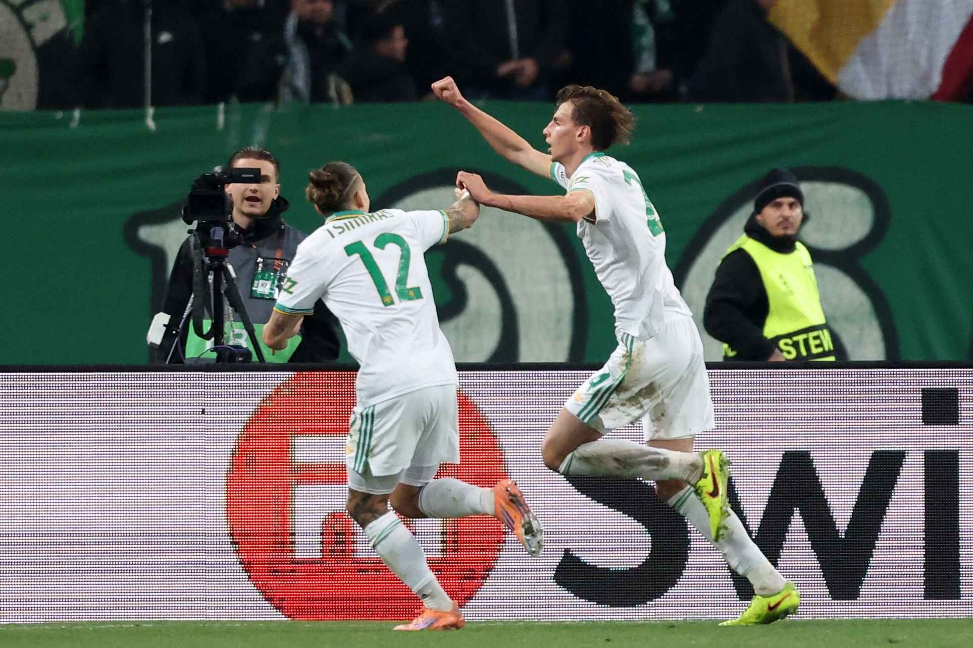 Jan Ziolkowski (right) celebrates scoring for Roma