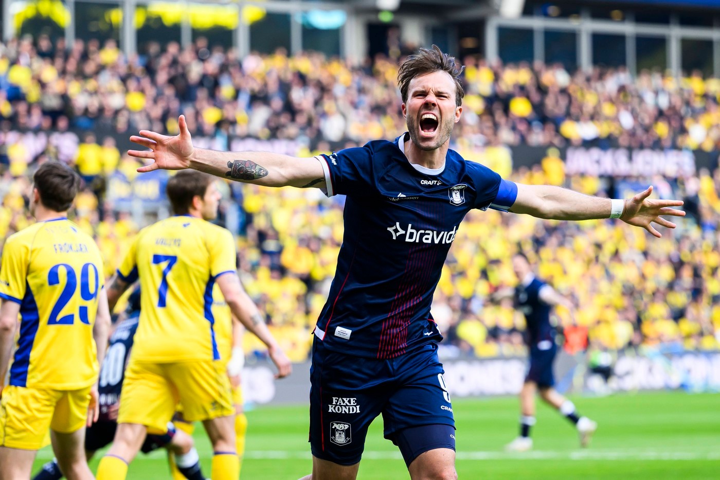 Patrick Mortensen celebrate winning the Danish championship at Brondby Stadium