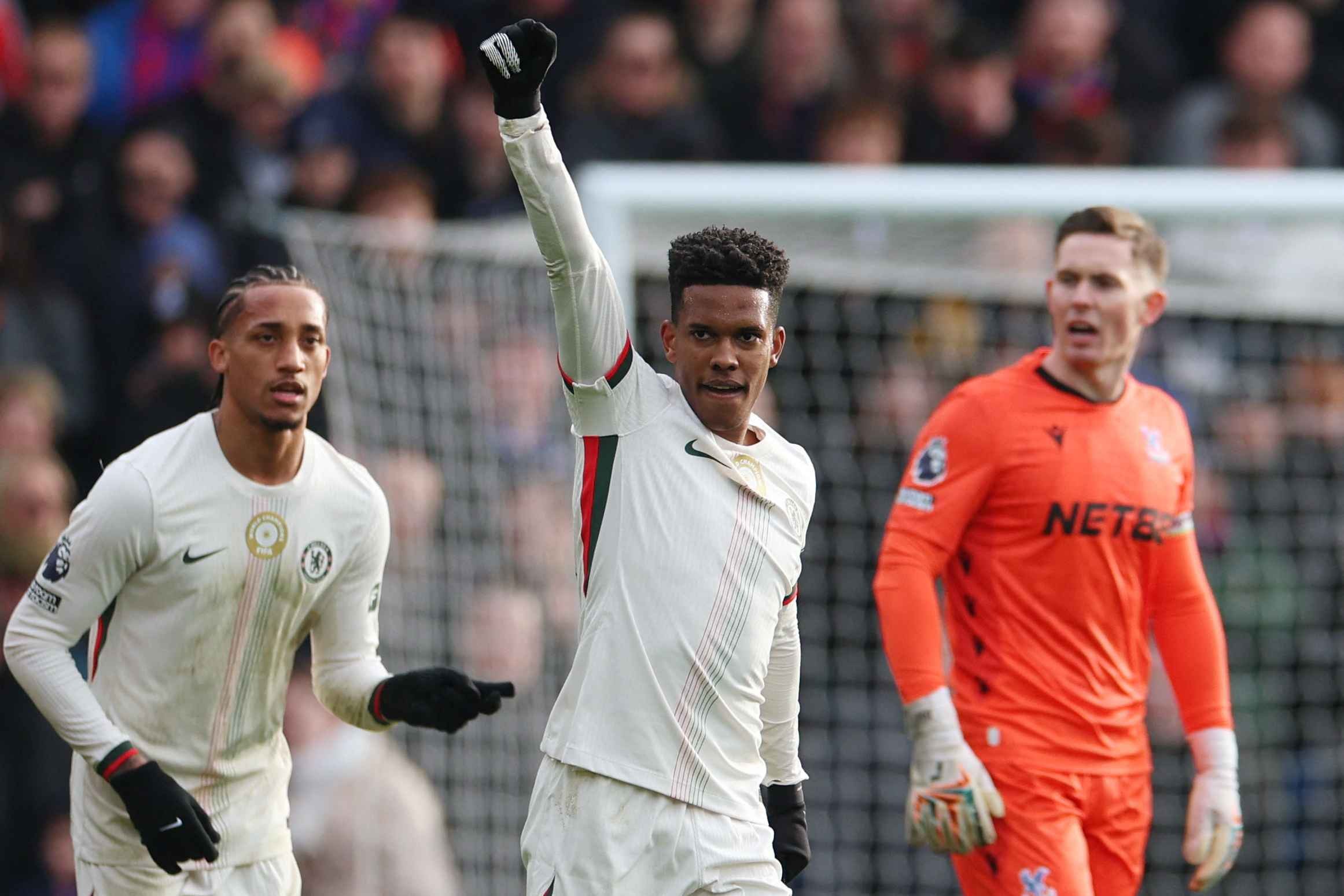 Chelsea forward Estevao celebrates his goal against Crystal Palace