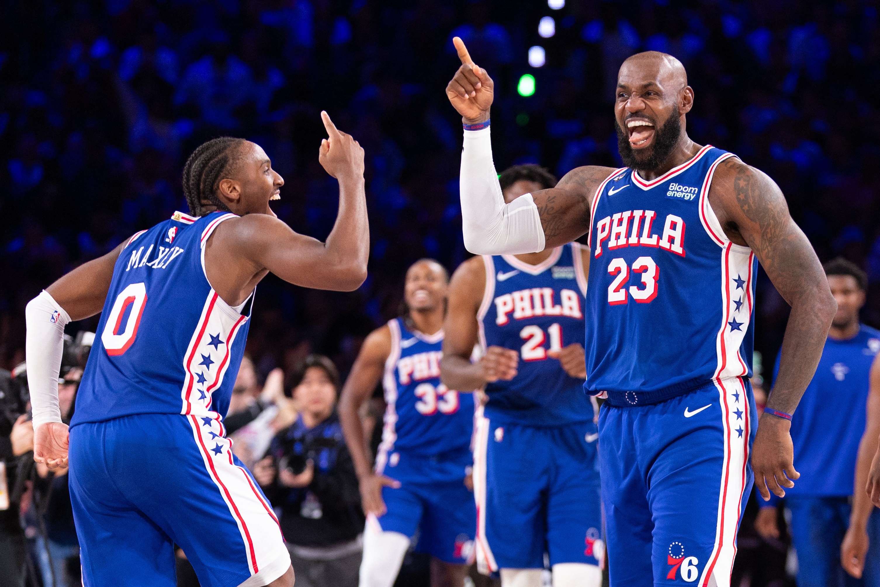 LeBron James and Tyrese Maxey of the Philadelphia 76ers
