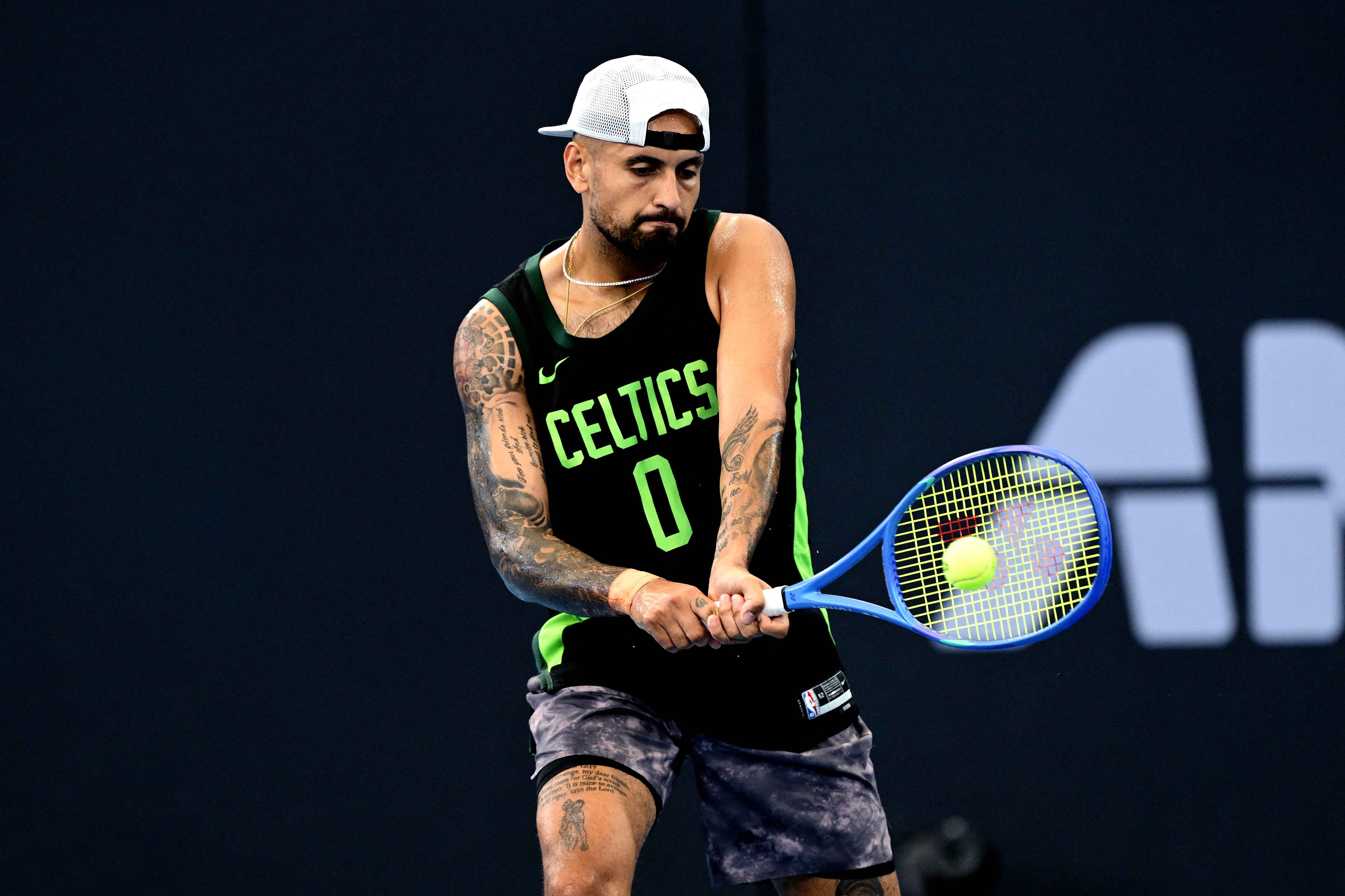 Nick Kyrgios trains at Pat Rafter Arena in Brisbane on Sunday.