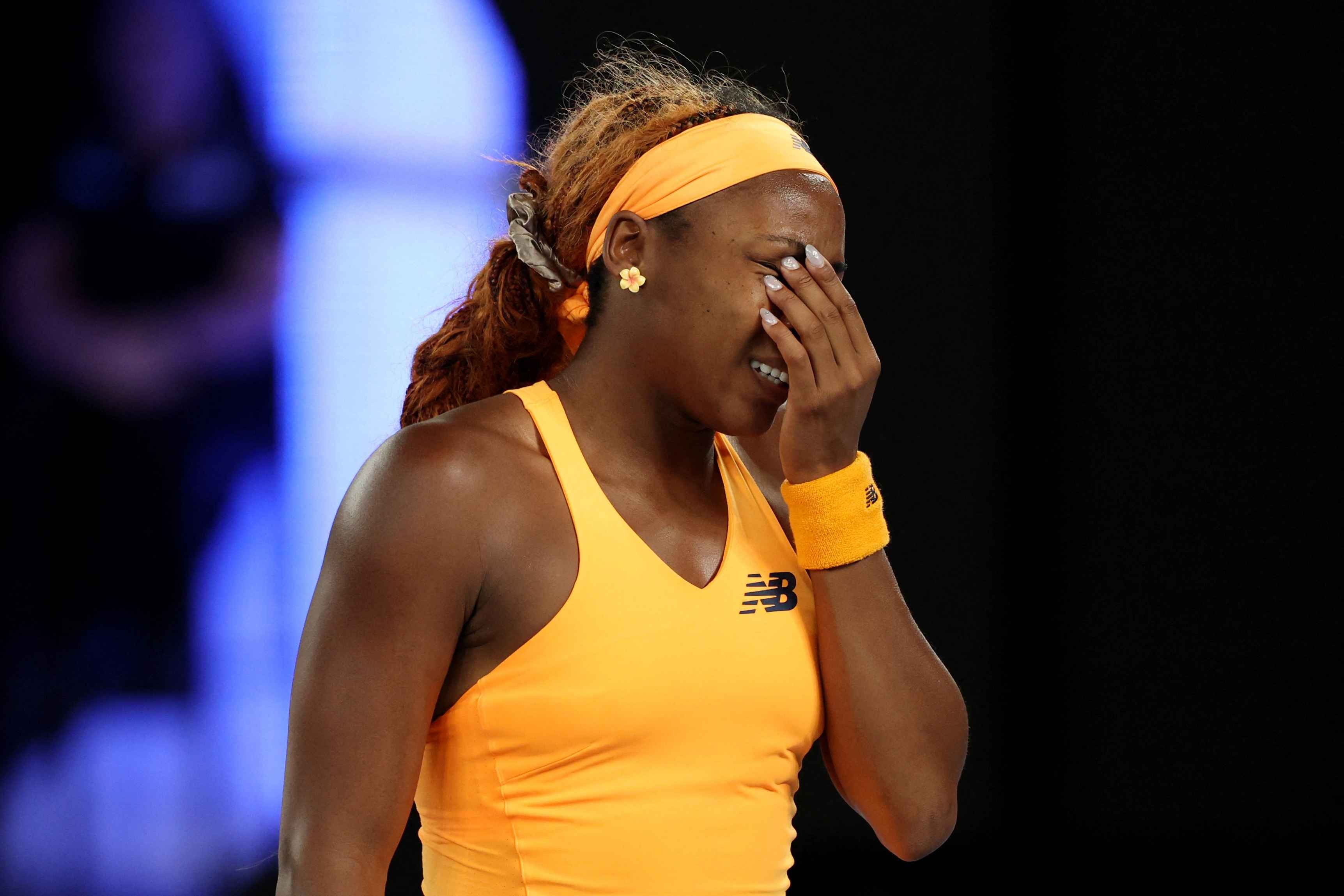 Coco Gauff reacts during her quarter-final match against Elina Svitolina 