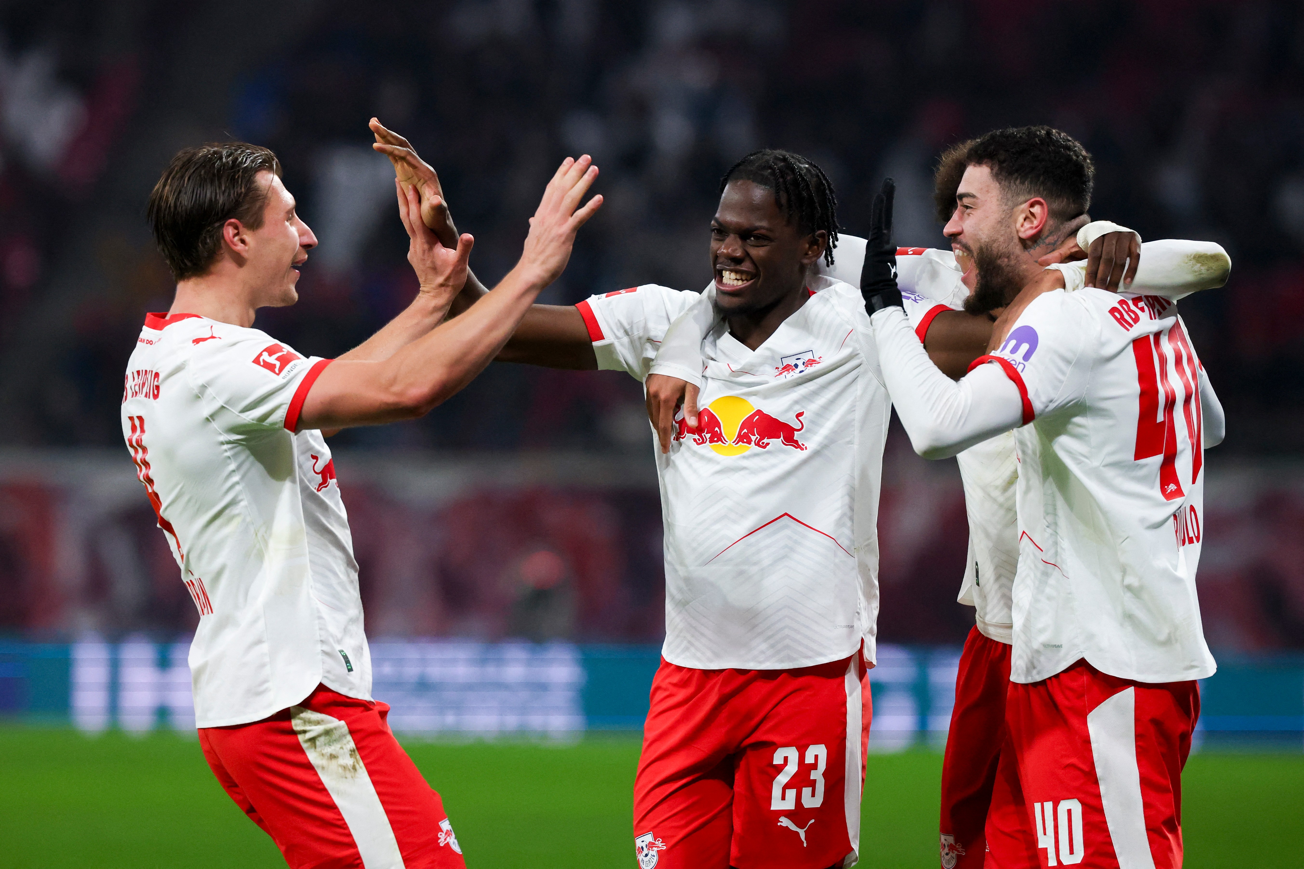 Romulo Cardoso celebrates his goal with his RB Leipzig teammates