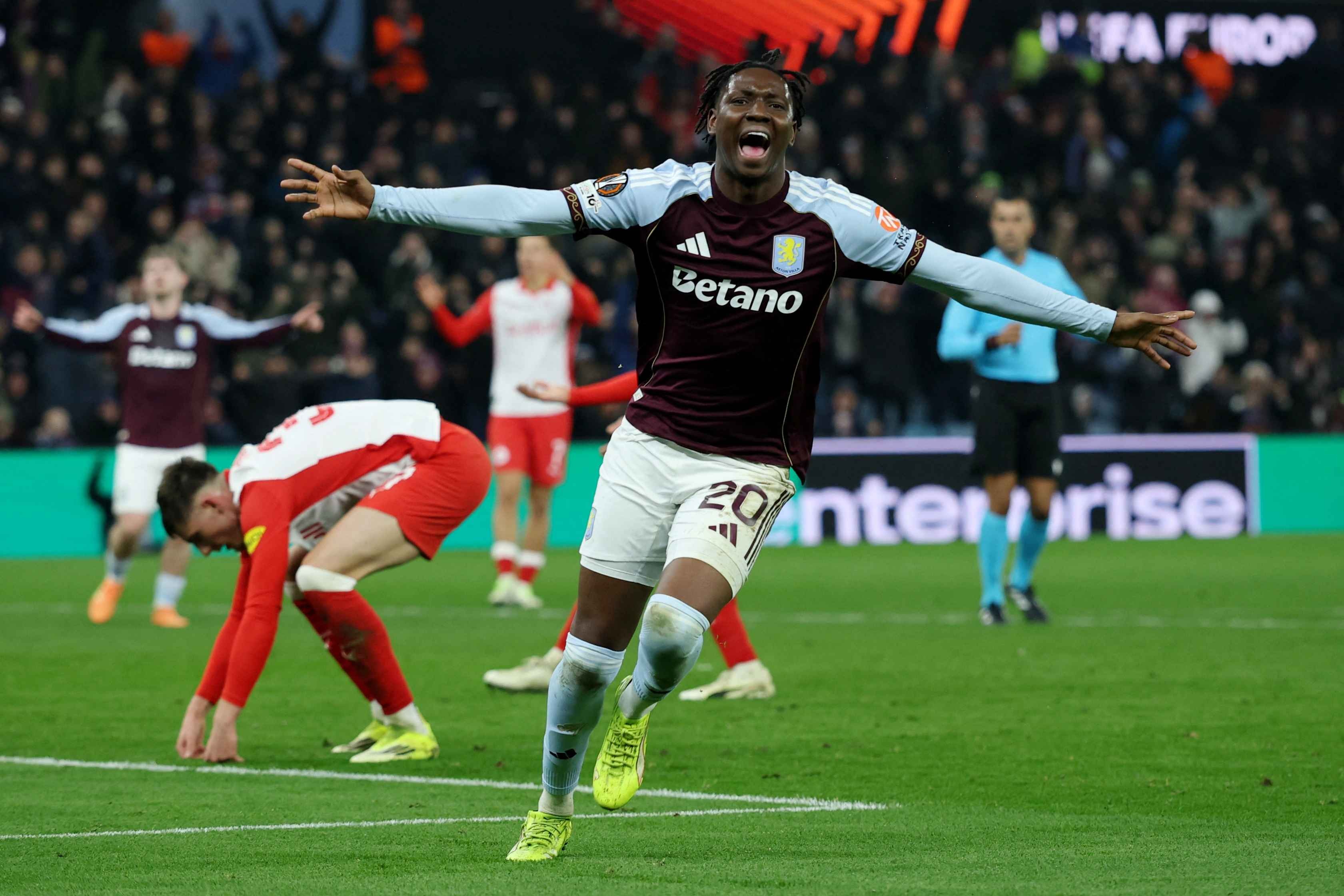 Aston Villa's Jamaldeen Jimoh-Aloba celebrates scoring their third goal