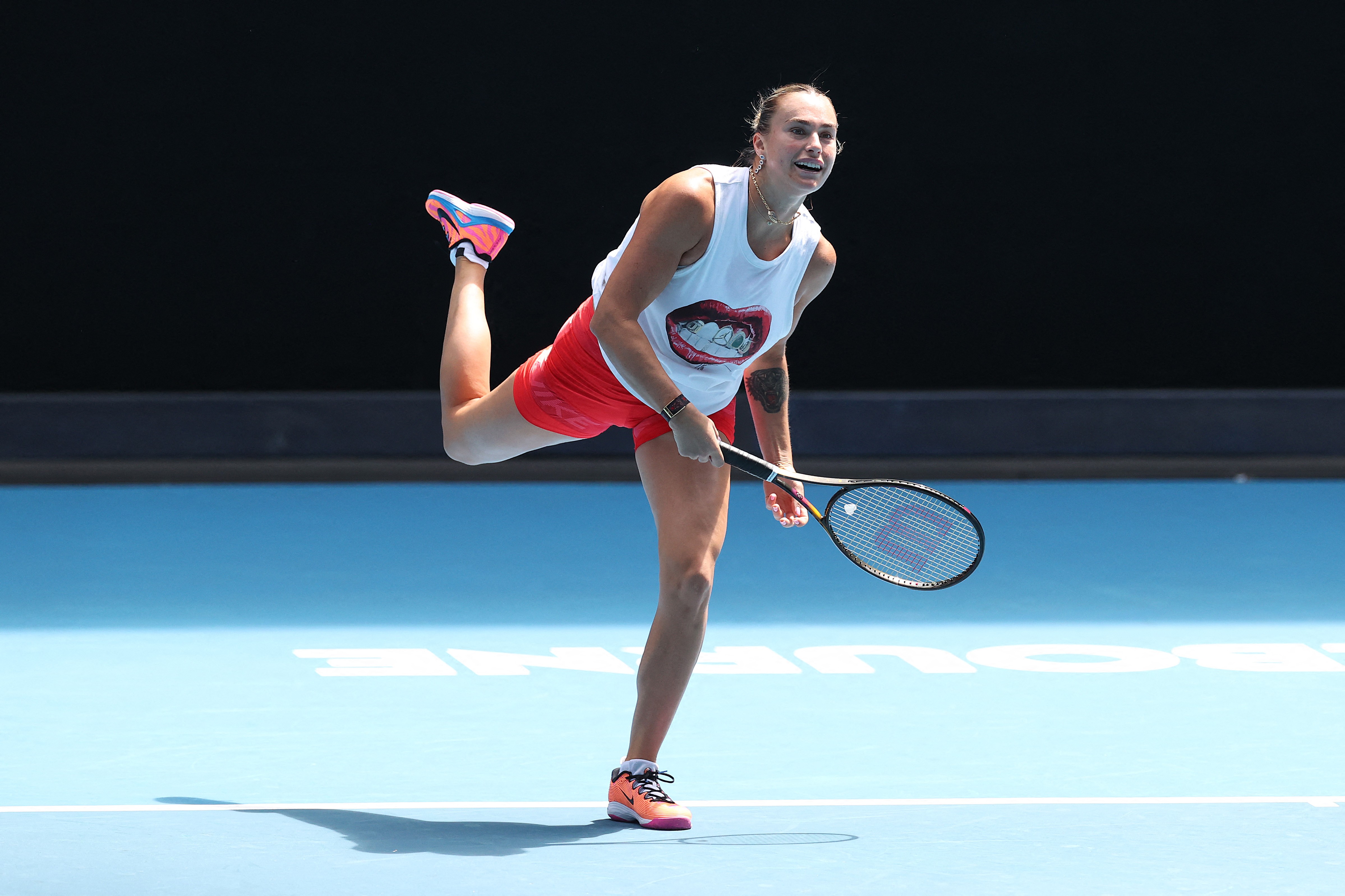 Aryna Sabalenka serves during a practice session at Melbourne Park on Friday.