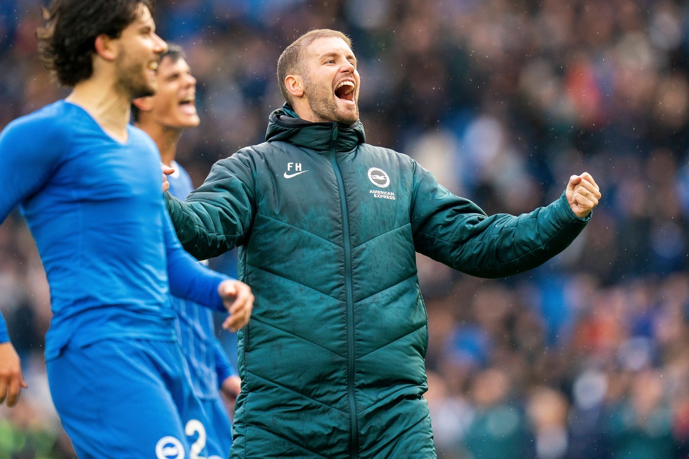 Brighton's Fabian Hurzeler celebrates a win with his team