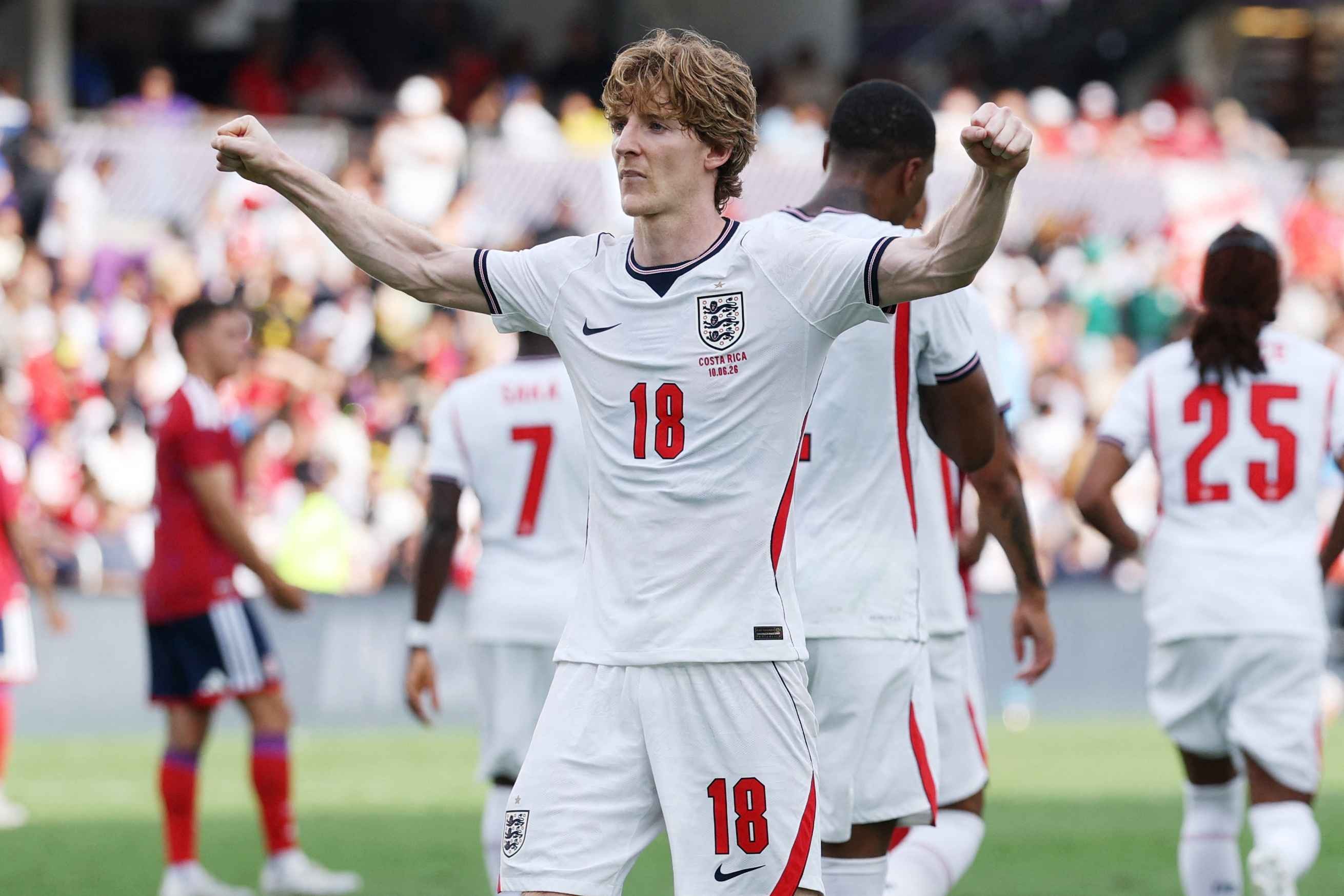 England's Anthony Gordon celebrates scoring their second goal