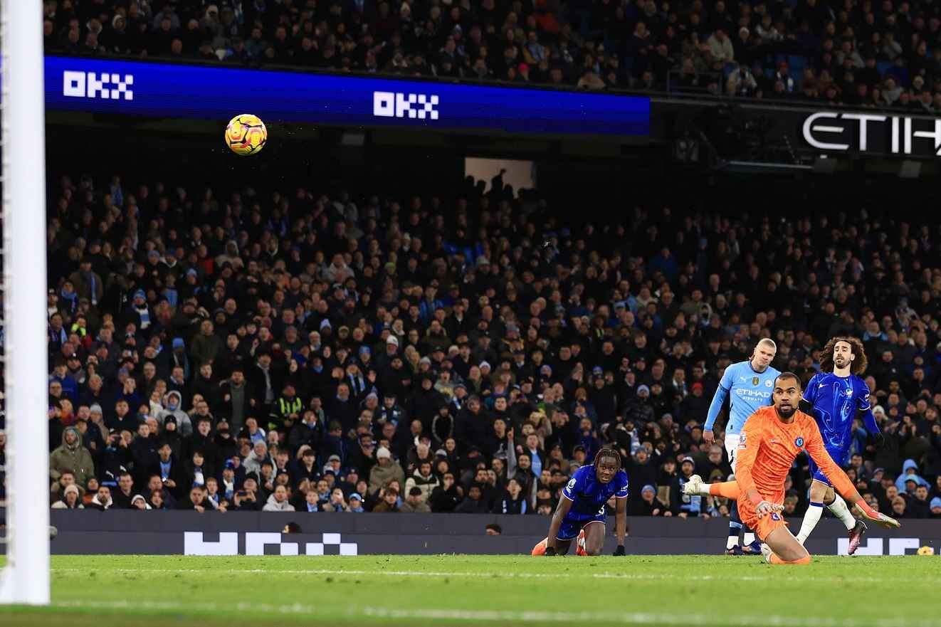 Man City's Erling Haaland scores against Chelsea