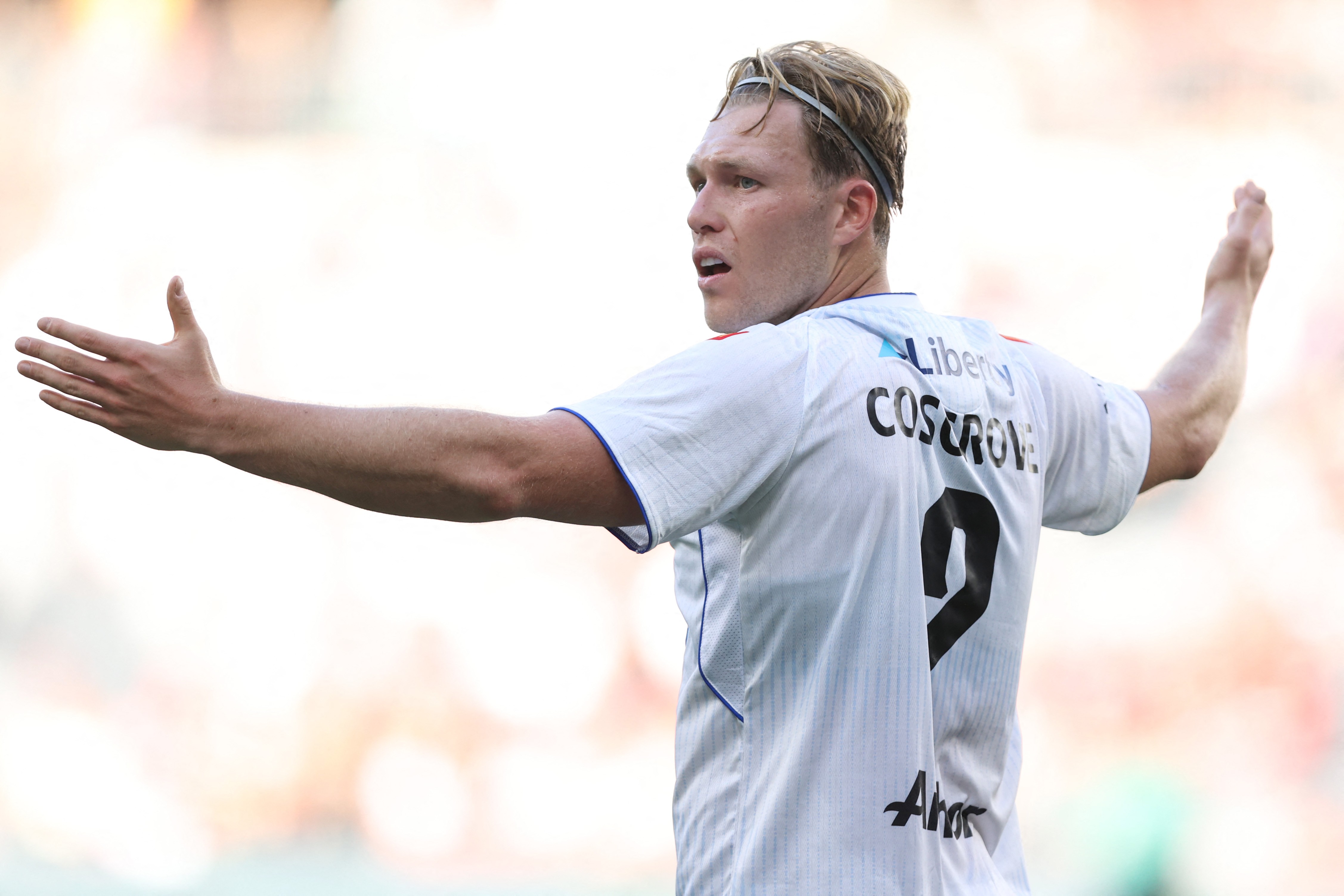 Sam Cosgrove reacting during Auckland's Round 2 game against Western Sydney Wanderers.