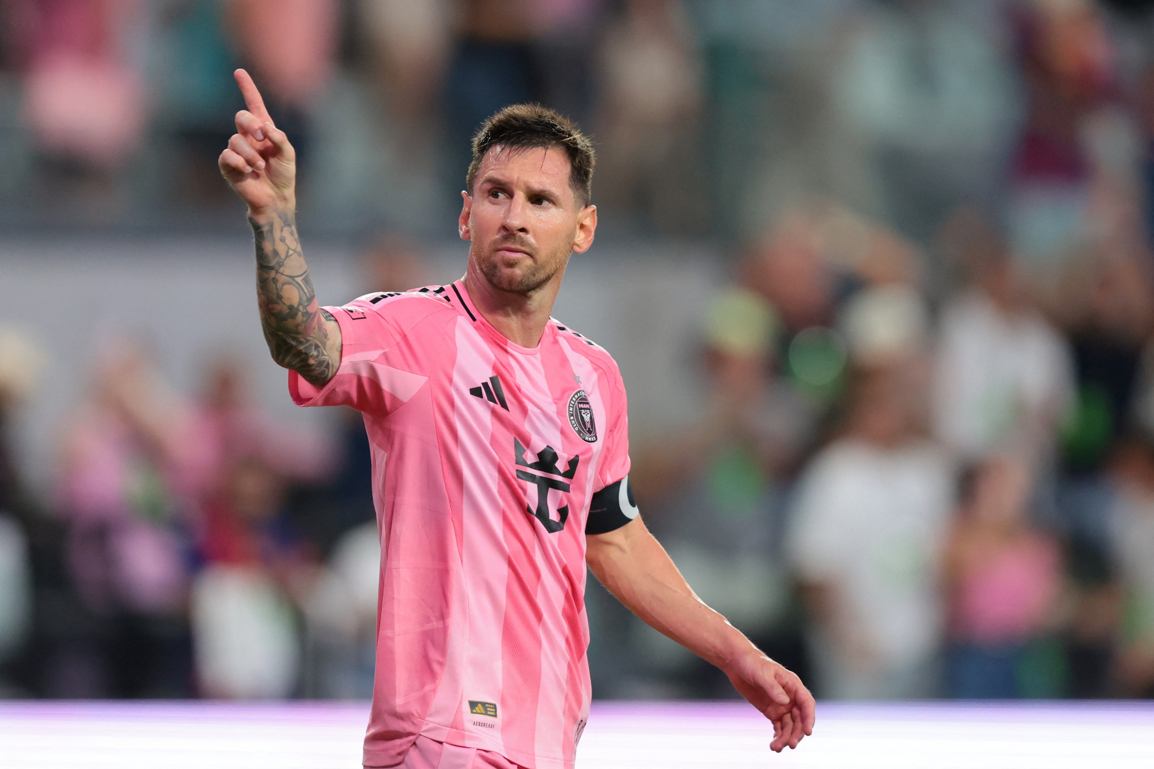 Lionel Messi (10) reacts to chants from the fans to Inter Miami CF players against the Portland Timbers 