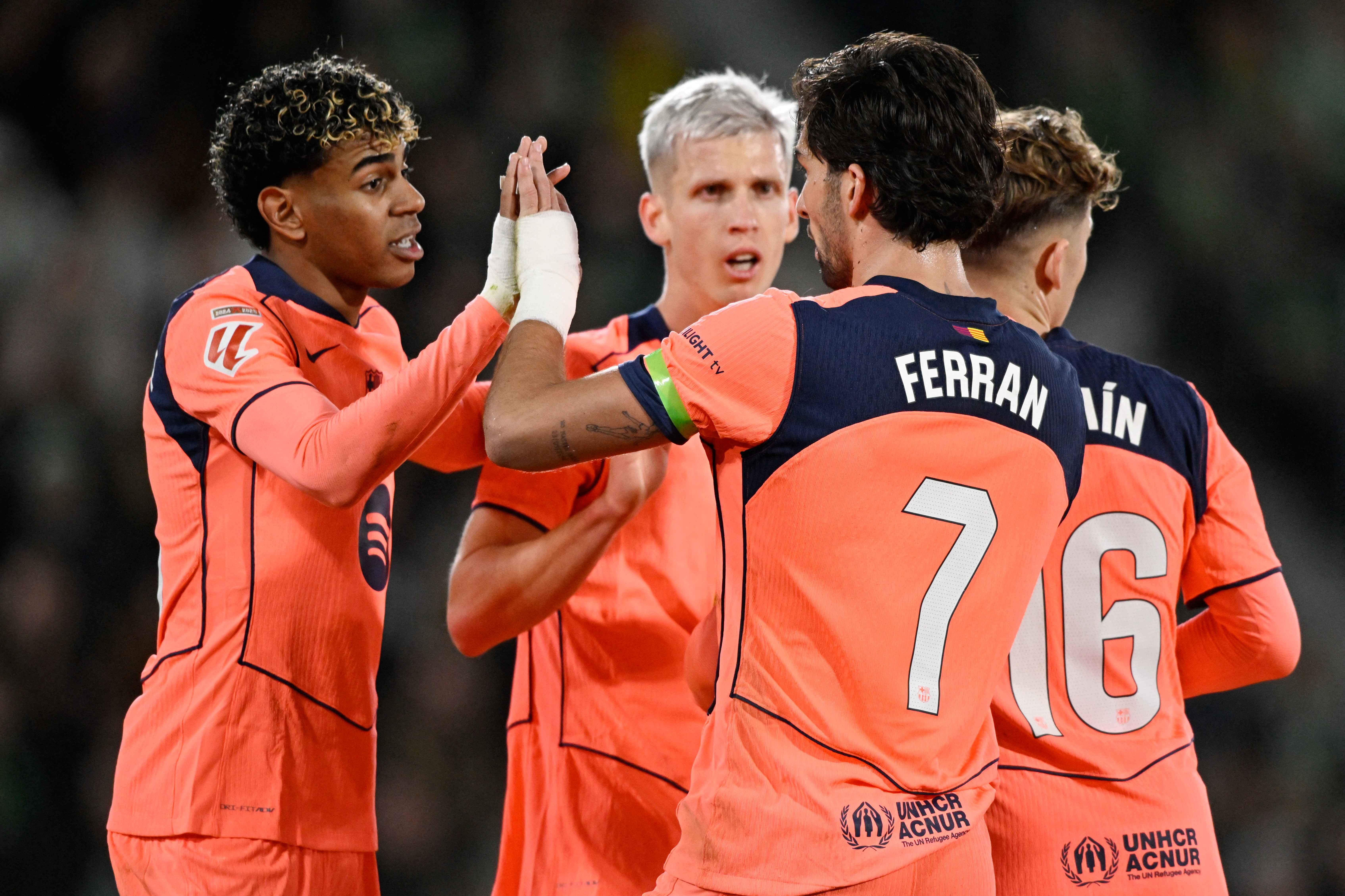 Barcelona's Ferran Torres celebrates scoring their second goal with teammates