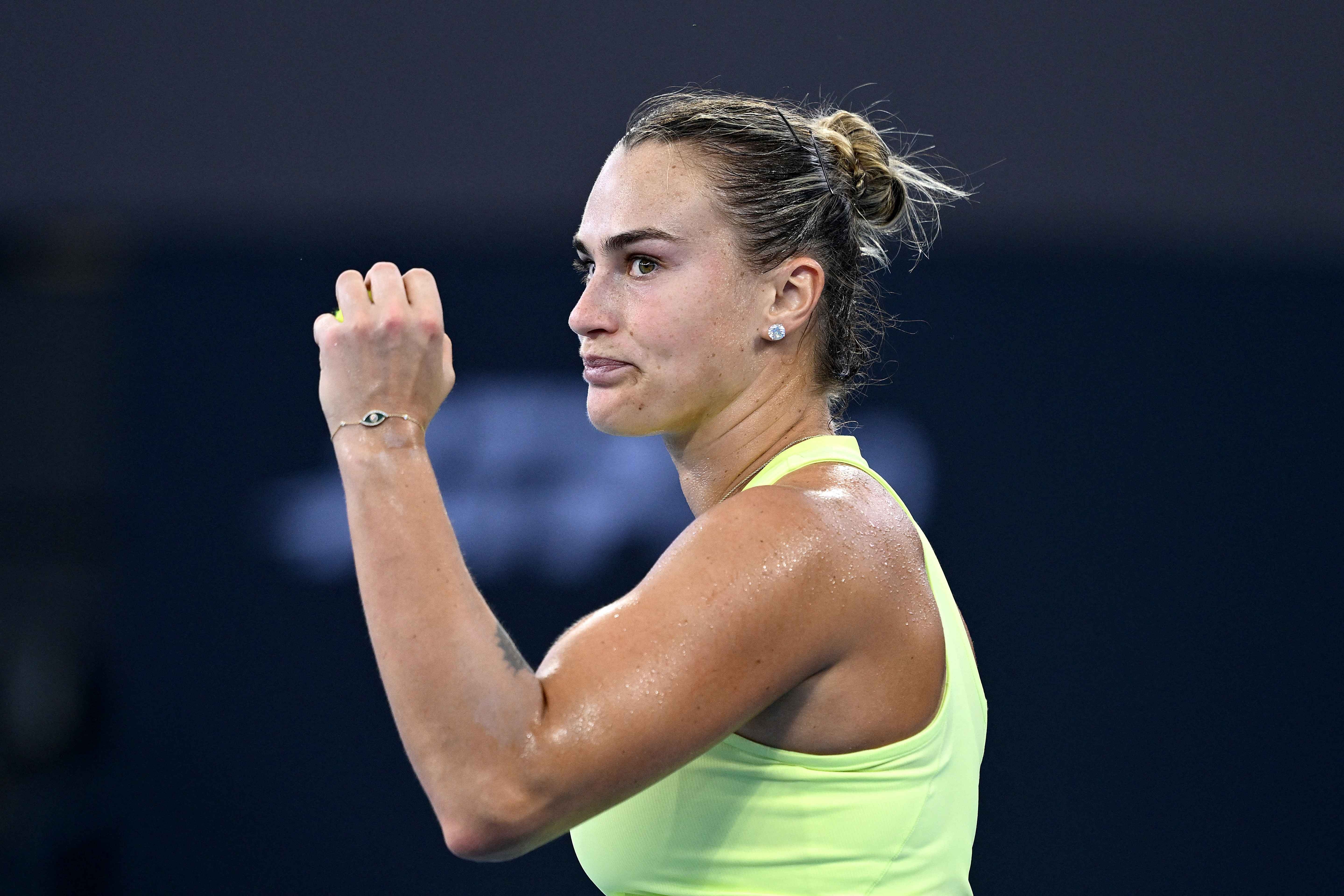 Aryna Sabalenka celebrates after winning a point in her match against Madison Keys in Brisbane