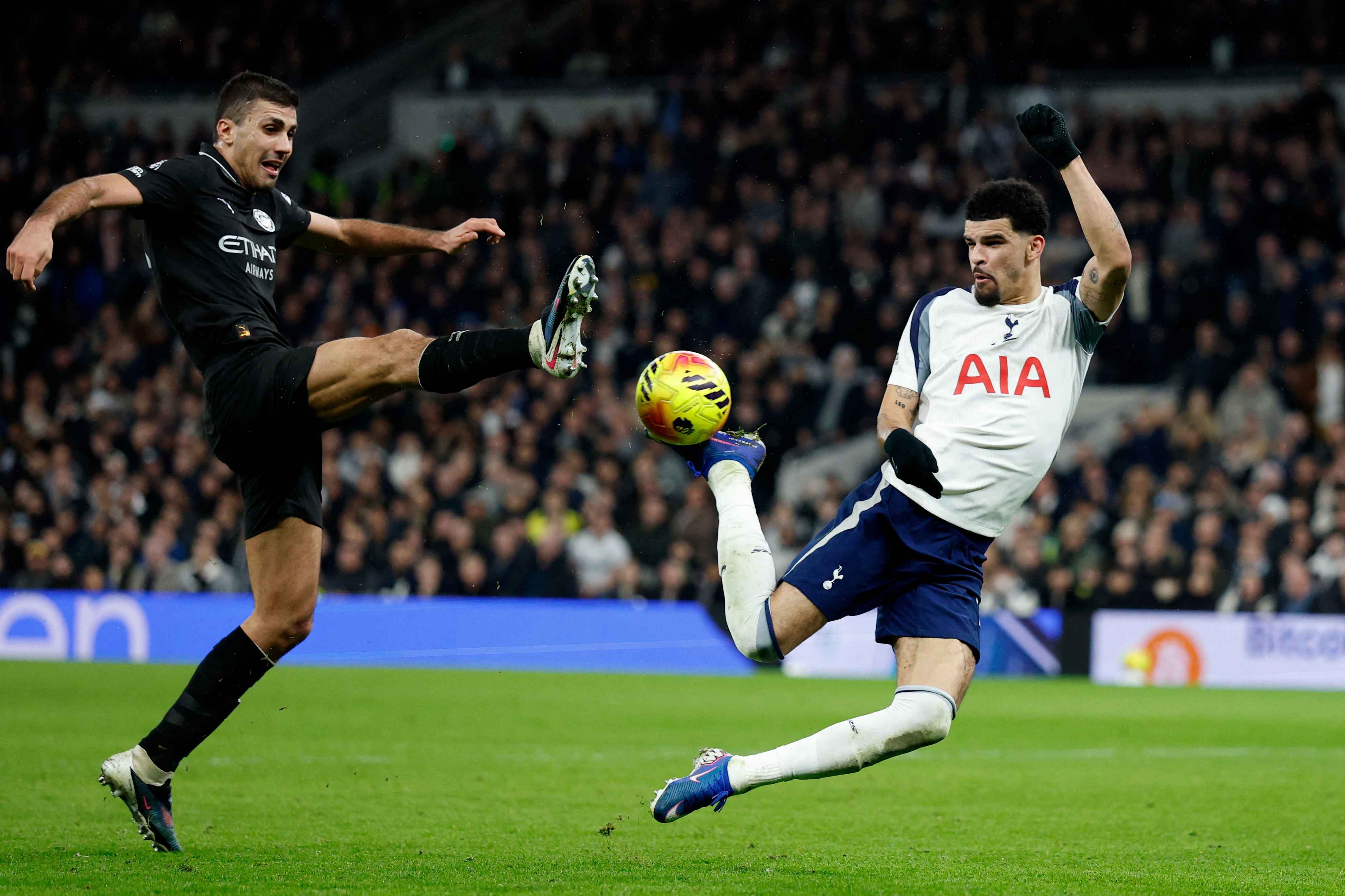 Tottenham Hotspur's Dominic Solanke scores his outrageous 'scorpion' goal against Manchester City