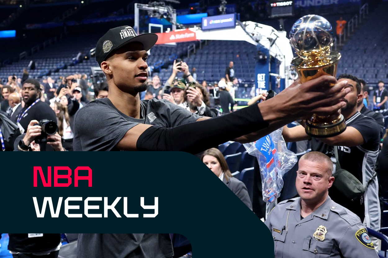 Wembanyama with his Western Conference Finals MVP trophy