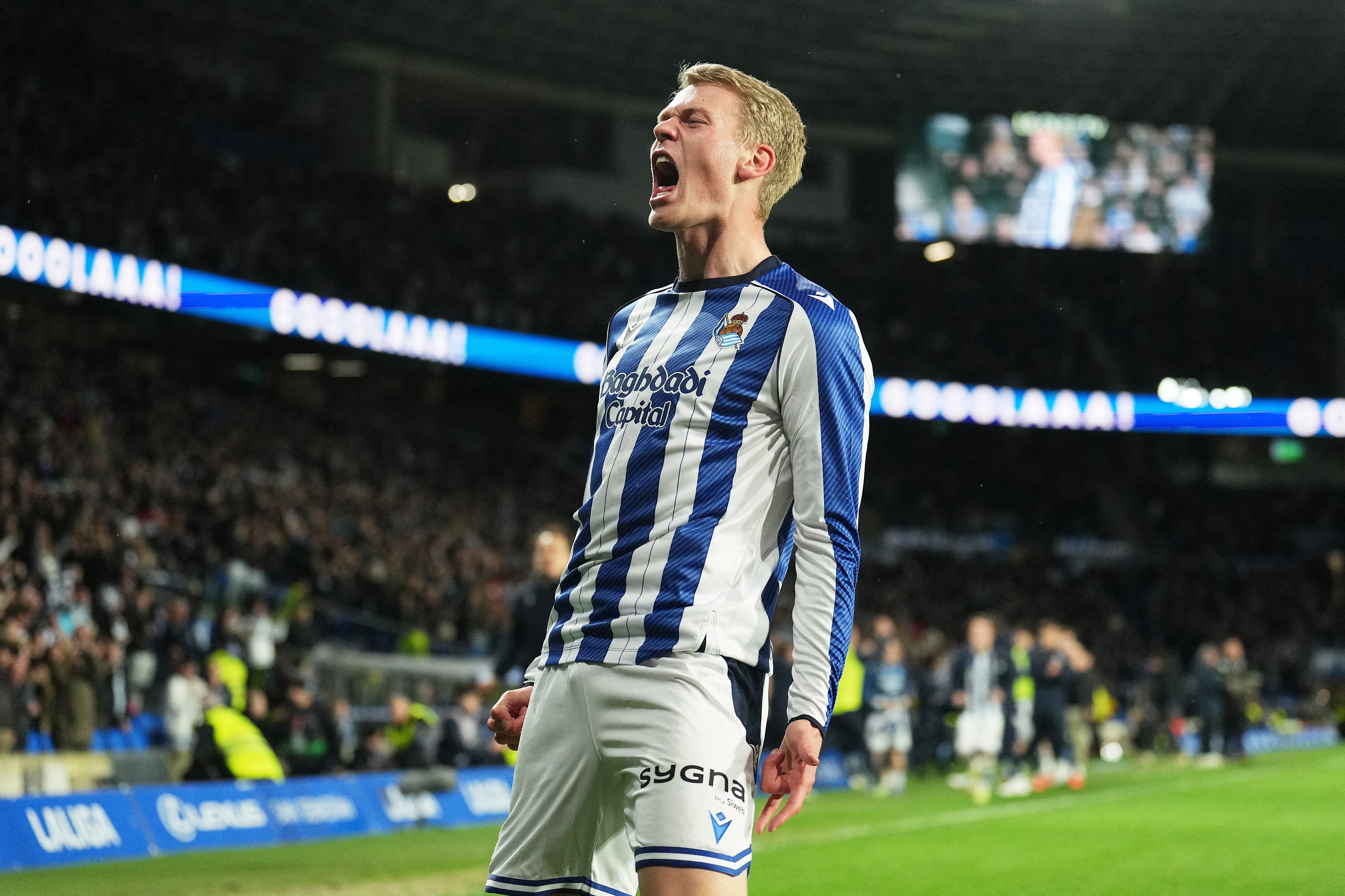 Orri Oskarsson celebrates scoring for Real Sociedad