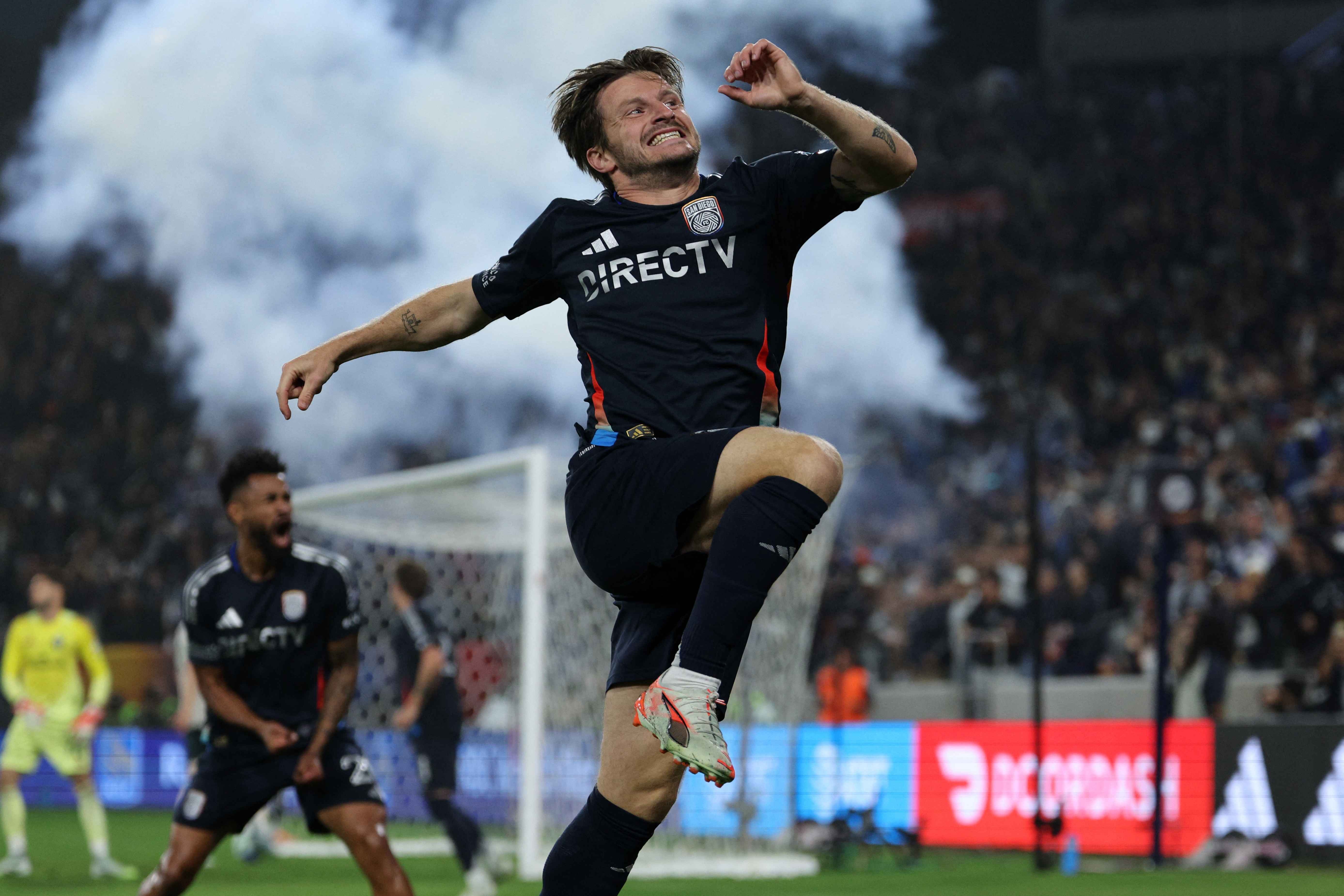 Dreyer and Pellegrino each scored twice as San Diego secured a win over Portland in the MLS Cup playoffs.